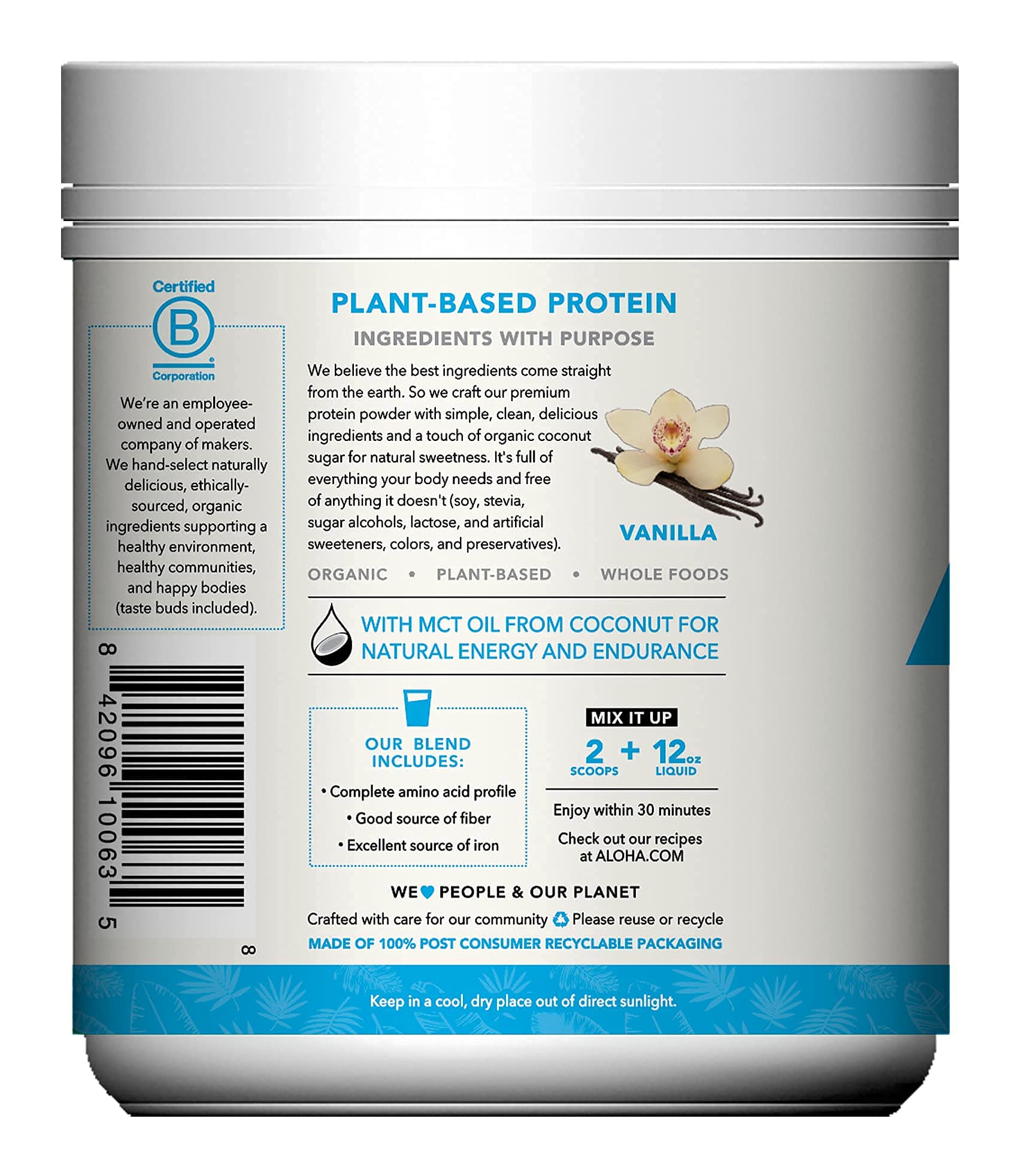 ALOHA Organic Plant Based Protein Powder, Stevia Free, Vanilla, 19.6 oz, 15 Servings PACKAGING MAY VARY