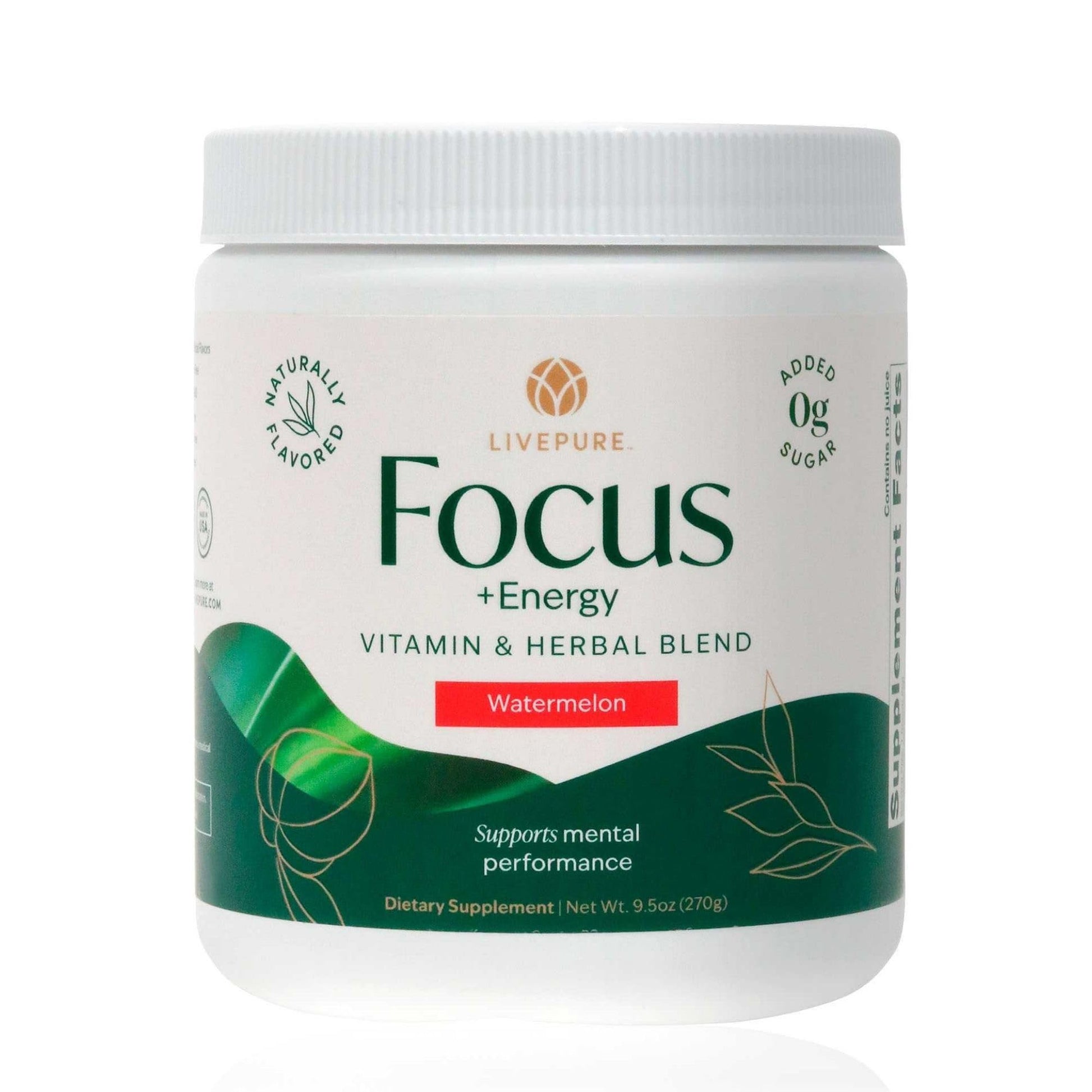 PURE Focus + Energy Tub Drink Mix | Natural Caffeine & Antioxidants from Botanicals | Supports Alertness, Clarity & Energy | Zero Sugar, No Artificial Sweeteners | 9.5 oz | Watermelon Flavor PUREAu supplements