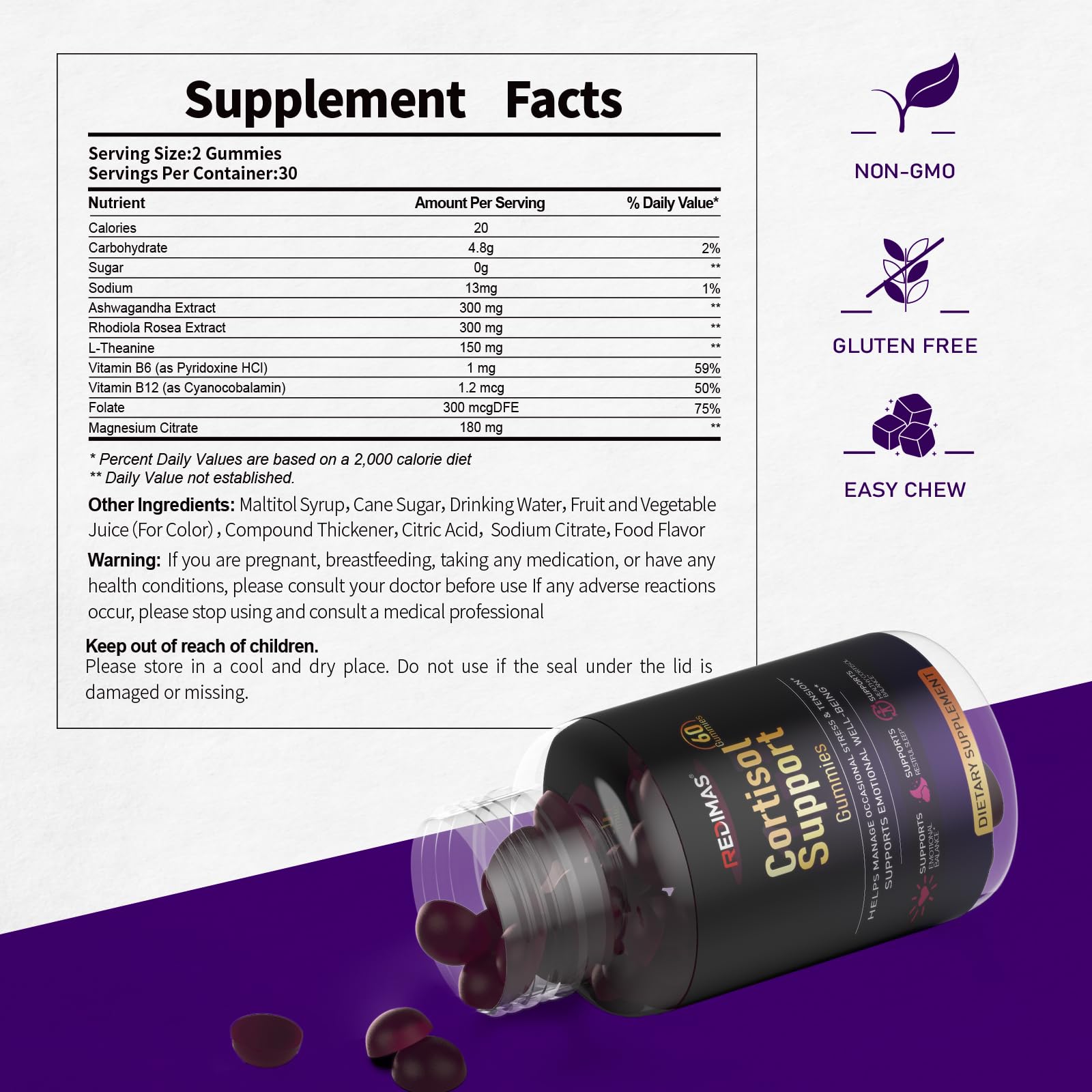 Redimas Cortisol Gummies for Women & Men with Ashwagandha, Magnesium, L-Theanine and Multivitamin, Vegan Chewable Gummies for Daily Lifestyle Balance, Convenient Adult Supplement, 60 Count RedimasAu supplements