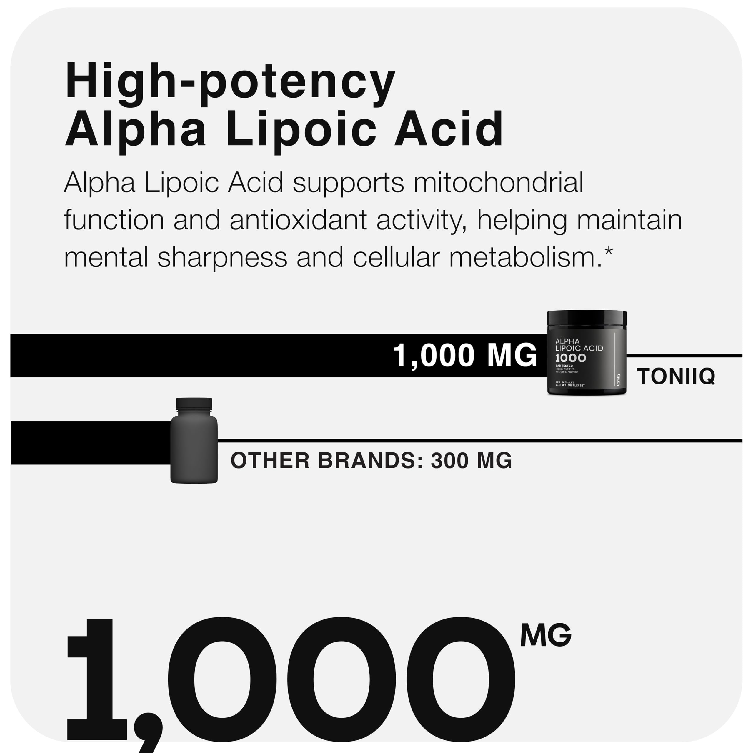Toniiq 1000mg Ultra High Strength Alpha Lipoic Acid Capsules - Highly Purified 99%+ USP Standard - 120 Capsules ALA Supplement ToniiqAu supplements