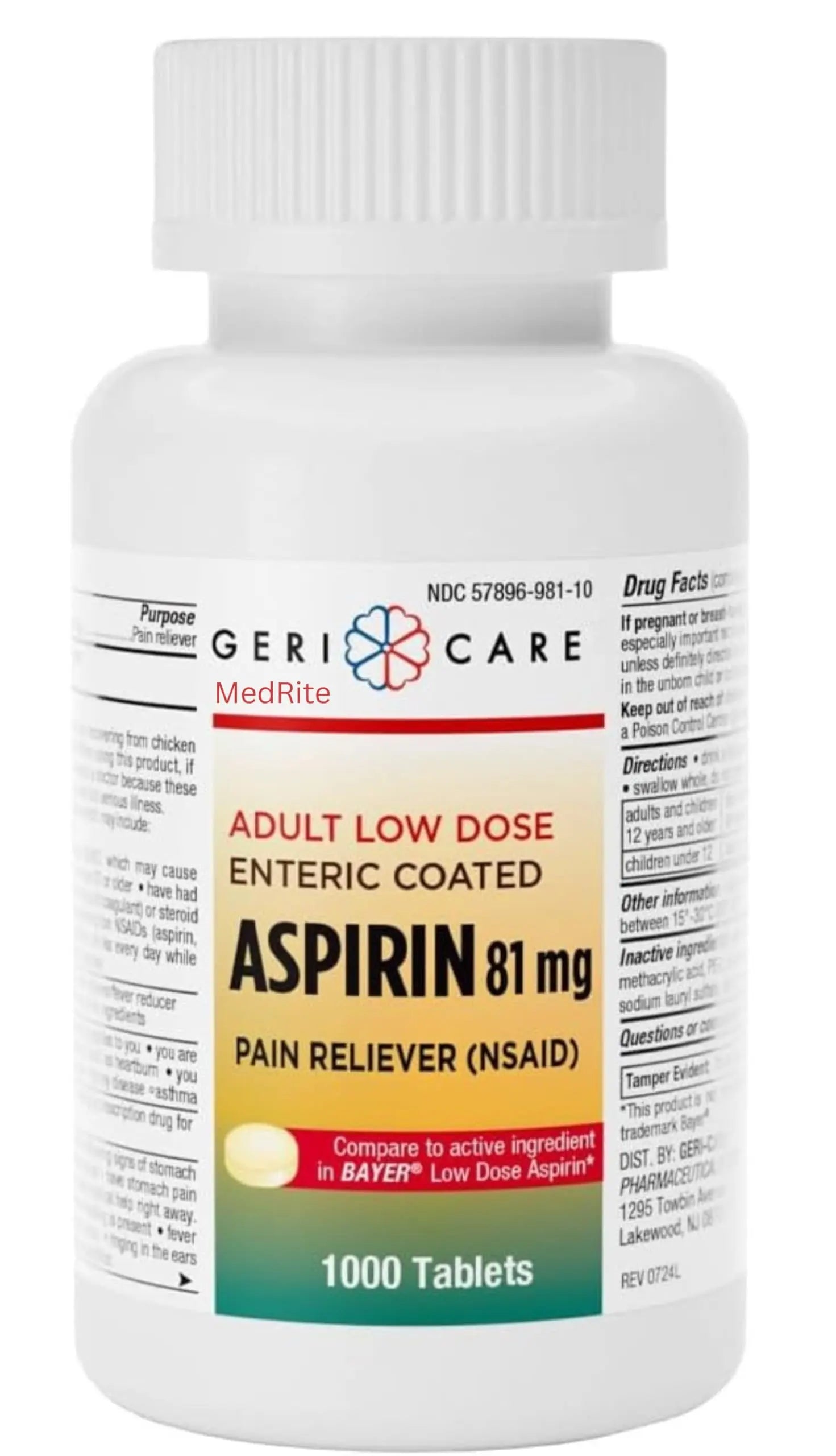 Low dose Baby Aspirin 81mg for Adults. (NSAID) | Made in USA | (Value Pack 1,000 Enteric Coated Tablets) MedRiteAu supplements