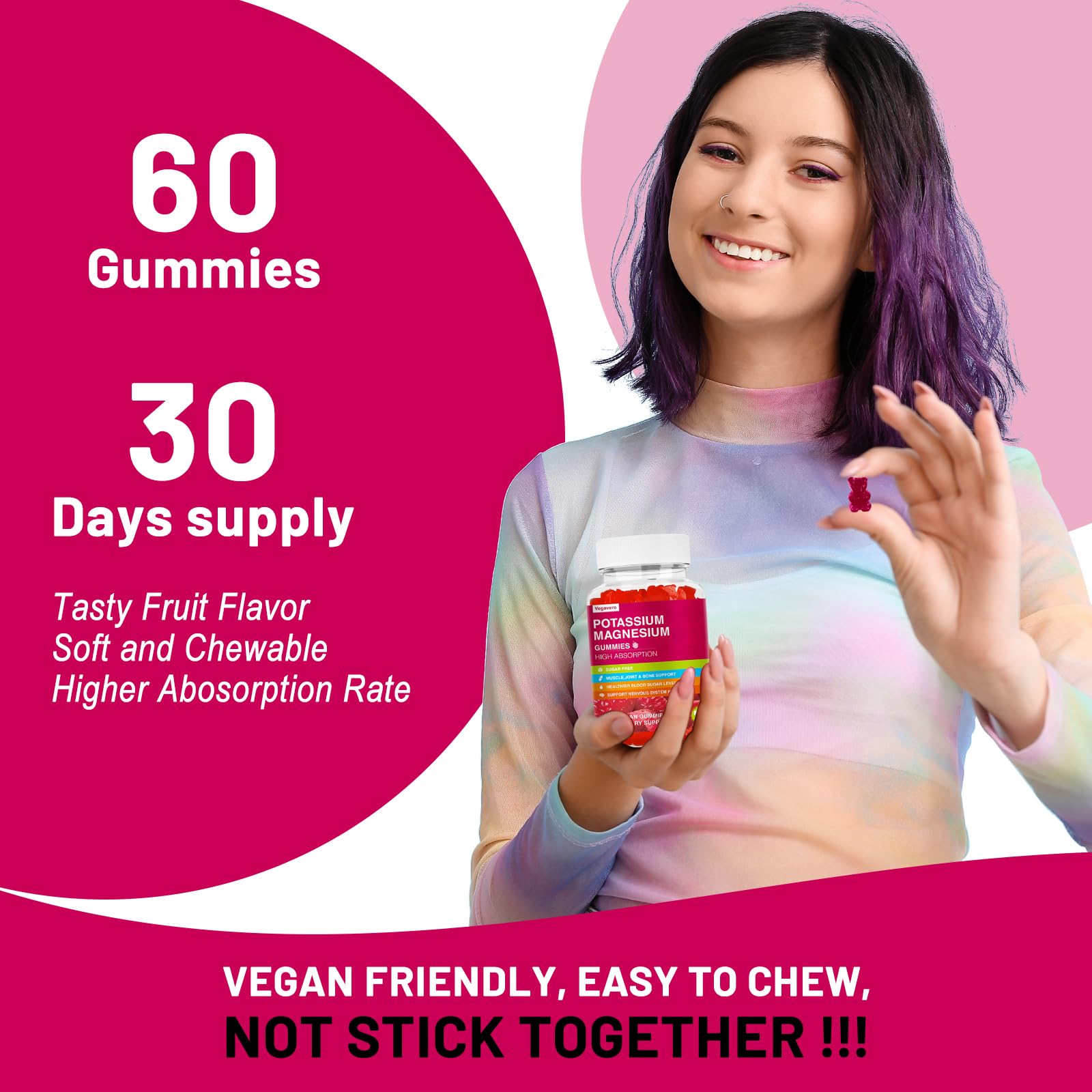 Potassium Magnesium Gummies - High Absorption Magnesium Glycinate & Potassium Citrate Plus Coenzyme Q10, DHA, D3, Mineral & Calcium for Zzz, Leg Cramps & Muscle - 60 Raspberry Gummies VegaveroAu supplements