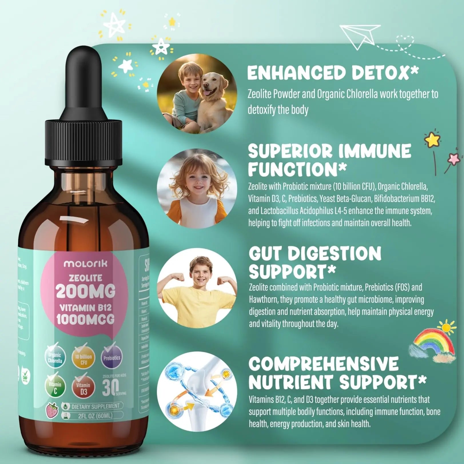 Zeolite Detox for Kids and Adults, 200mg Zeolite Liquid Drops with 1000mcg Vitamin B12, Organic Chlorella, 10 billion CFU & Prebiotics for Gut Support & Speech, Immune, Bone, Energy*, Strawberry, 60ML molorik purenz supplements