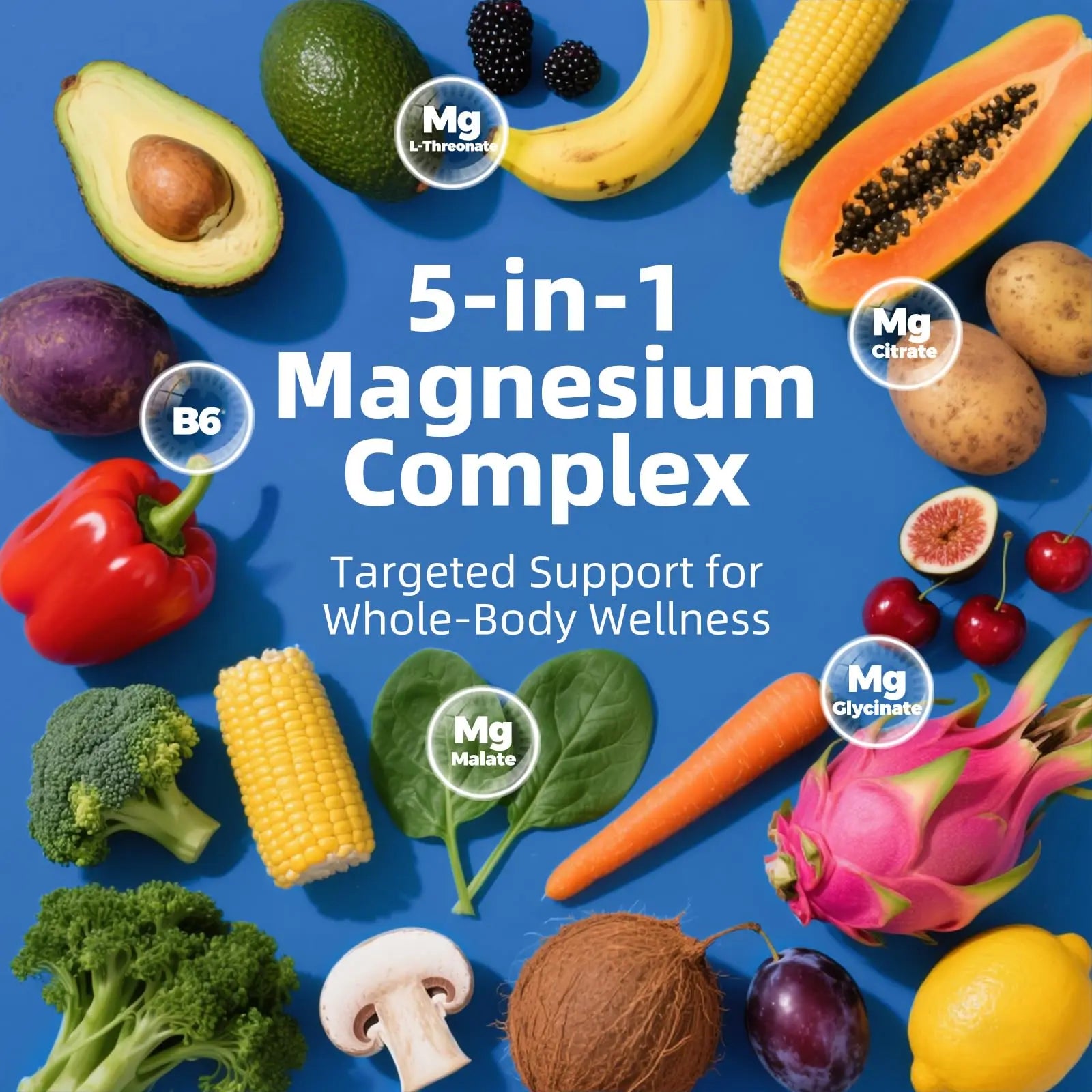 5 in 1 Magnesium Complex, 976mg Complex with Magnesium Glycinate, Citrate, Malate & L-Threonate, Vitamin B6 for High Absorption, Third Party Tested, Gluten-Free, Easy-Swallow Vegan Capsule PeakVigornz supplements