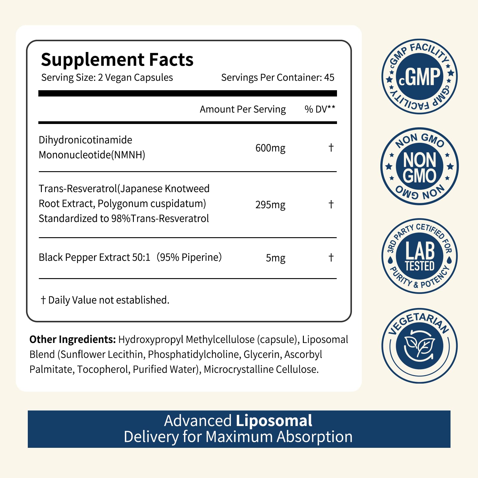 NUISM NMNH NAD+ Supplement, Liposomal 600mg NMN NAD+ and Resveratrol Complex for Cellular Energy, Healthy Aging & Metabolic Support, 90 Capsules NUISMAu supplements