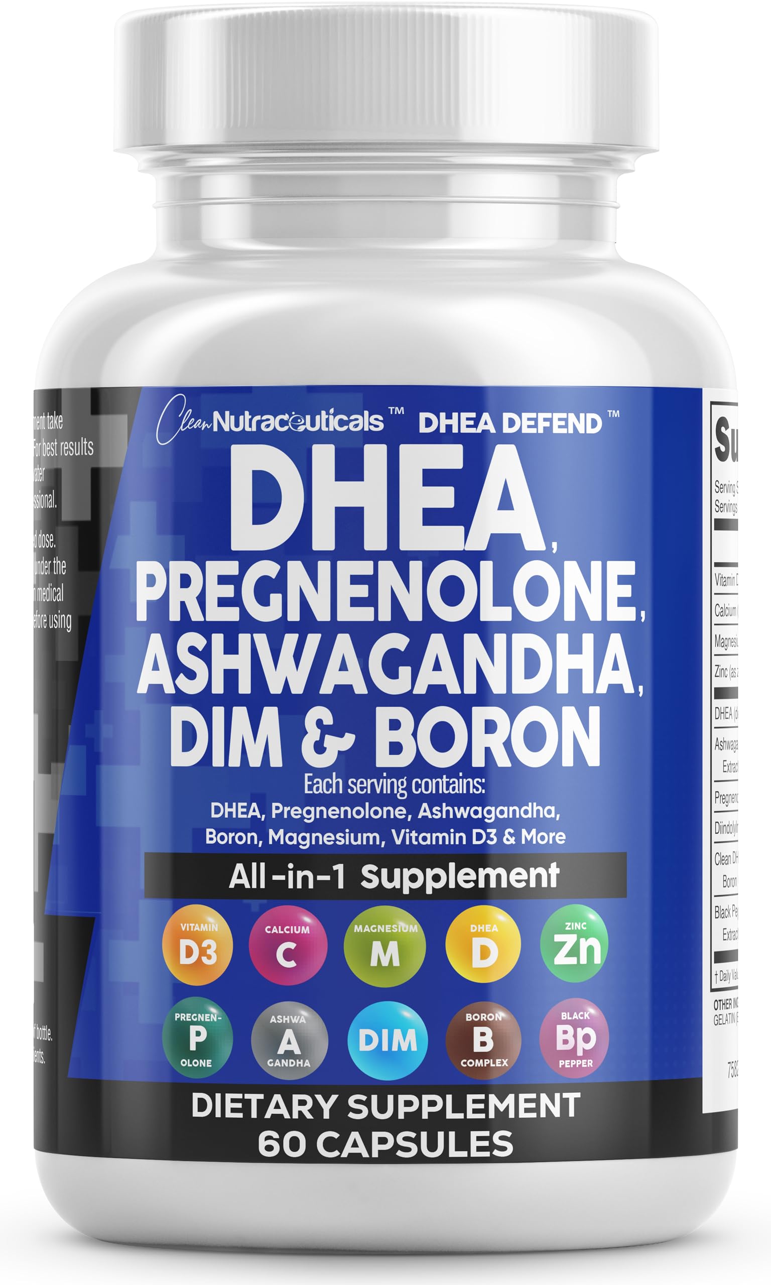 DHEA 200mg Supplement Pregnenolone 100mg for Men & Women with DIM Ashwagandha Boron 6mg Complex Calcium Magnesium Zinc 50mg Vitamin D3 5000 iu Hormone Support Capsules Pills - Made in USA 60 Ct Clean NutraceuticalsAu supplements