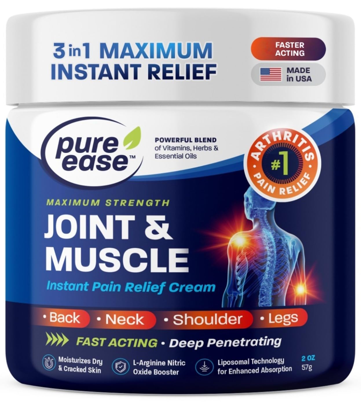 Pure Ease Arthritis Pain Relief Cream for Back 3 in 1 Maximum Instant Relief 2 OZ - Fast-Acting Muscle Pain Cream Extra Strength Joint & Knee - Powerful Formula for Neck Shoulder & Lower Back Pure EaseAu supplements
