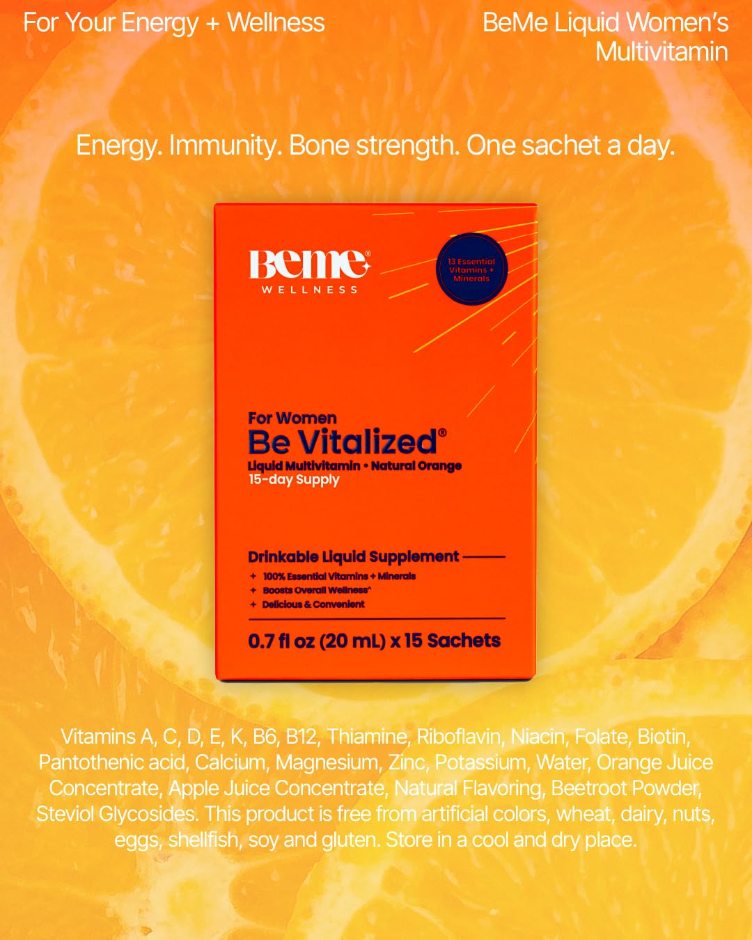 BeMe Liquid Multivitamins for Women - Advanced Liquid Delivery System with 13 Vitamins & Minerals - Tear & Go Sachets, Non-GMO, Orange Flavor (15 Sachets) BeMeAu supplements