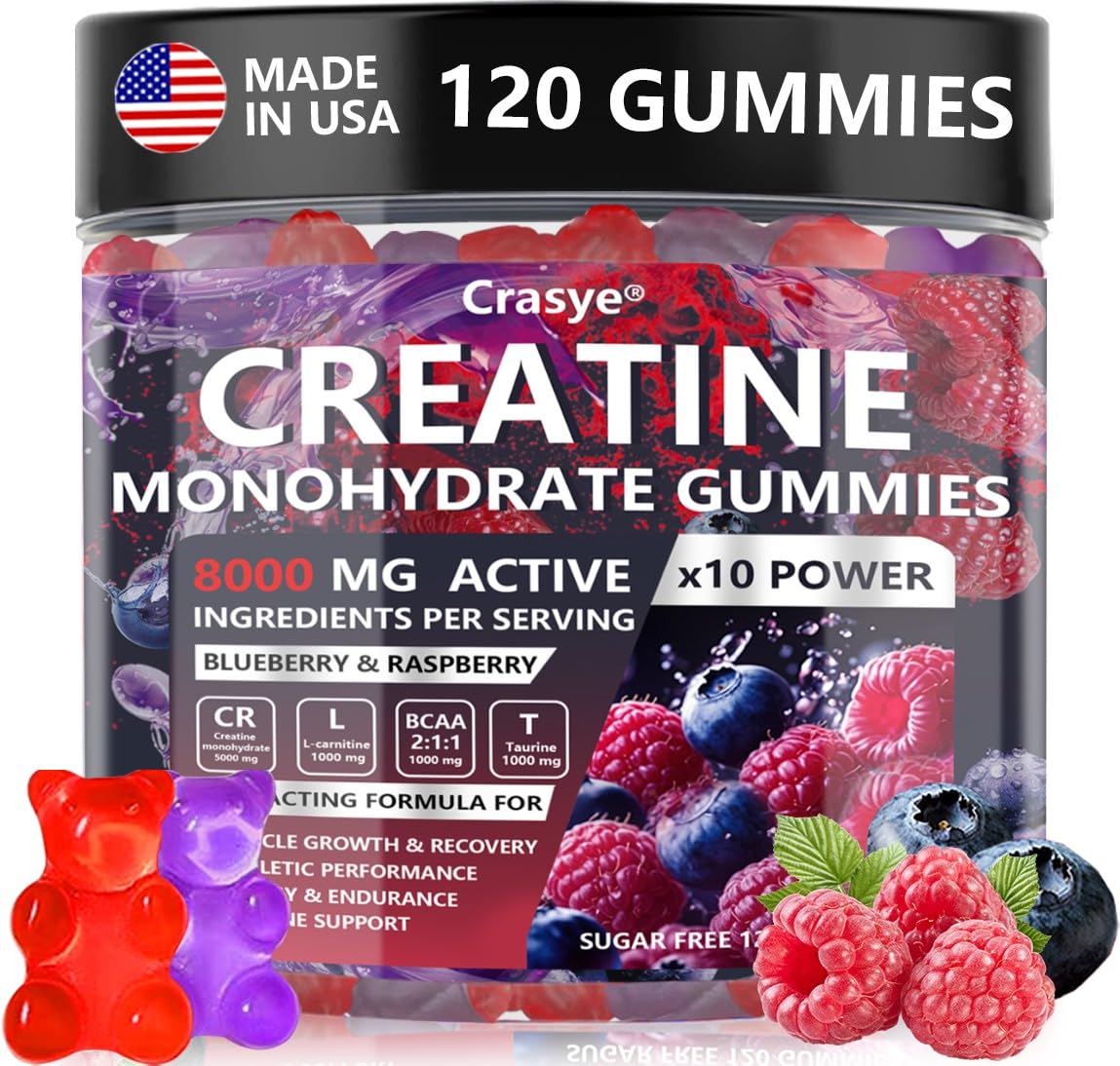 Crasye Creatine Gummies Complex 8000mg for Men and Women Creatine Monohydrate Gummy with BCAA Taurine for Muscle Strength and Energy Boost Sugar CrasyeUS supplements