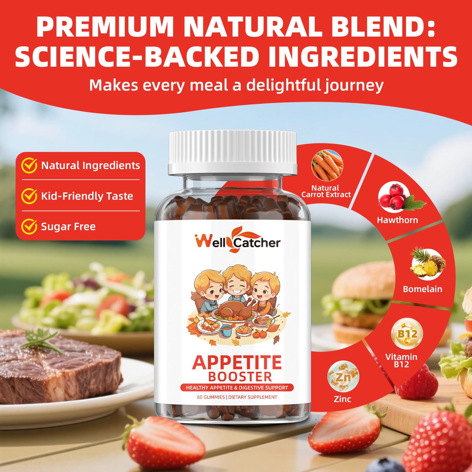 Appetite Booster Gummies for Kids Adults: Appetite Support Supplement with Bromelain Hawthorn Zinc Vitamin B12 for Healthy Digestive & Nutritional Balance, Sugar Free Mixed Fruit Flavor Vegan 30 Days WellcatcherAu supplements