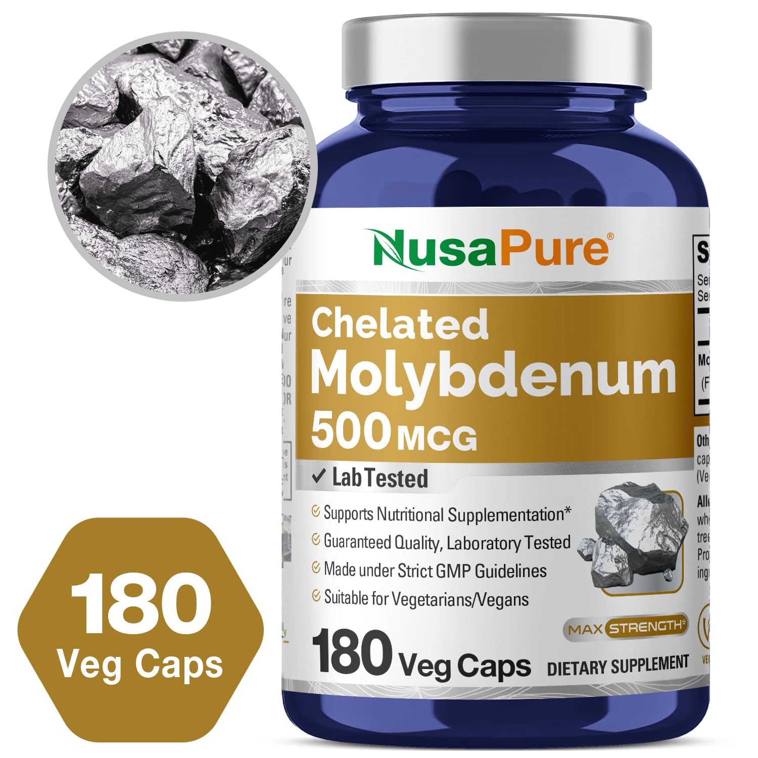 NusaPure Chelated Molybdenum 500 mcg 180 Vegetarian Caps (Vegan, Non-GMO) NusaPureAu supplements