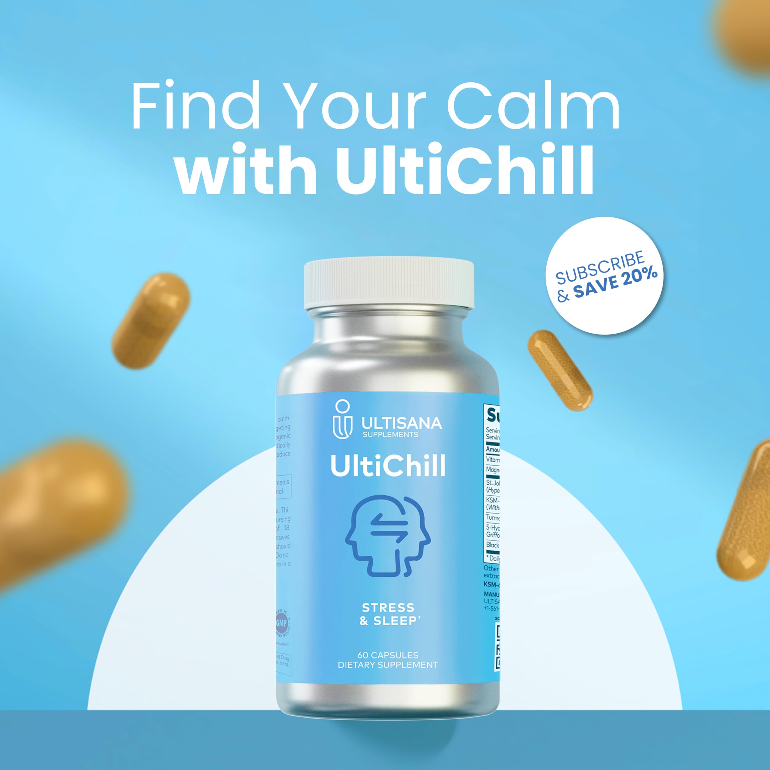 Ultisana UltiChill Stress Relief Supplement, Non-Drowsy | for Enhanced Mood, Immune Booster & Sleep Support | Magnesium Glycinate, Vitamin B6, KSM-66 Ashwagandha, Turmeric & 5-HTP | Non-GMO, 60 Count UltisanaAu supplements