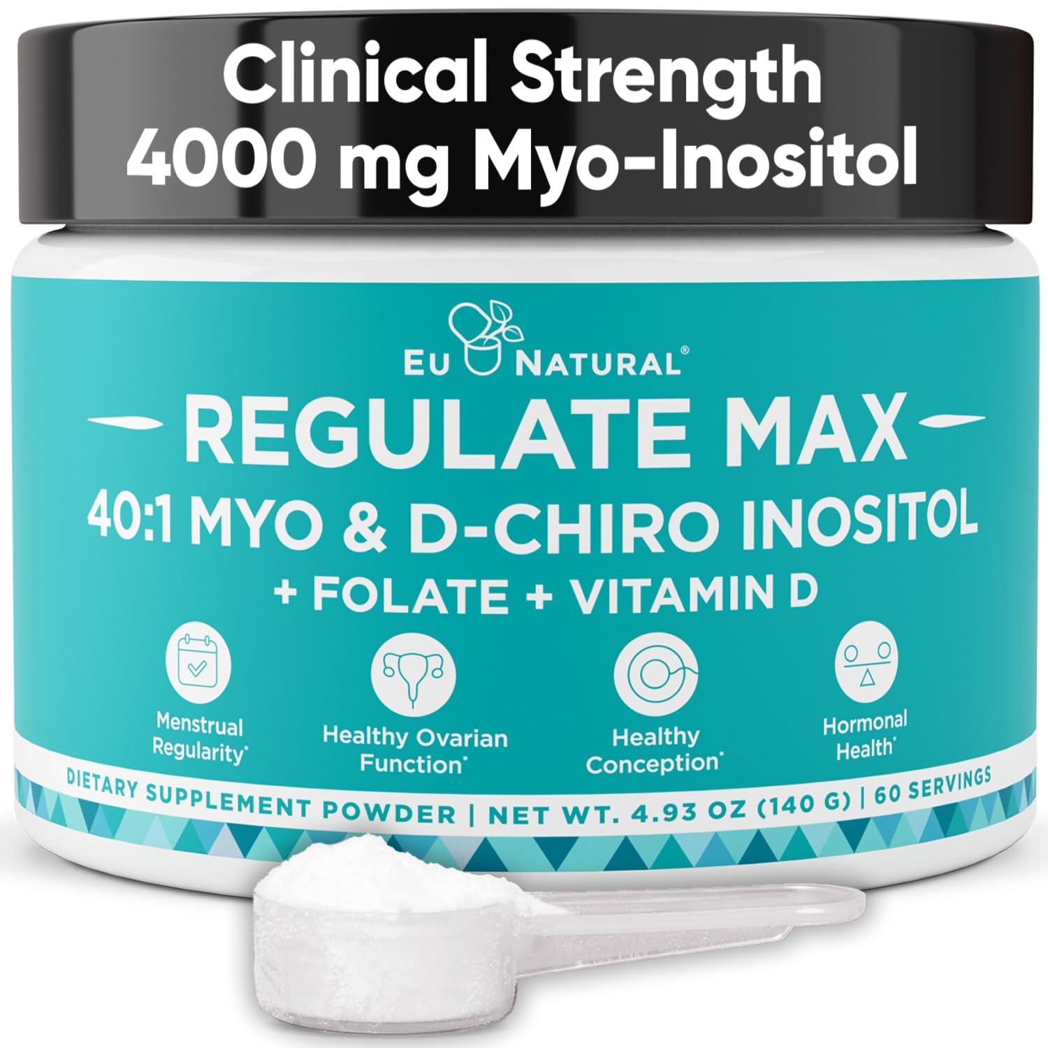 Eu Natural Regulate MAX Myo-Inositol & D-Chiro Inositol Supplement Powder for Women with Vitamin D & Folate Nutritional Support, Hormone Balance & Fertility Support, Unflavored 60 Servings Eu NaturalAu supplements