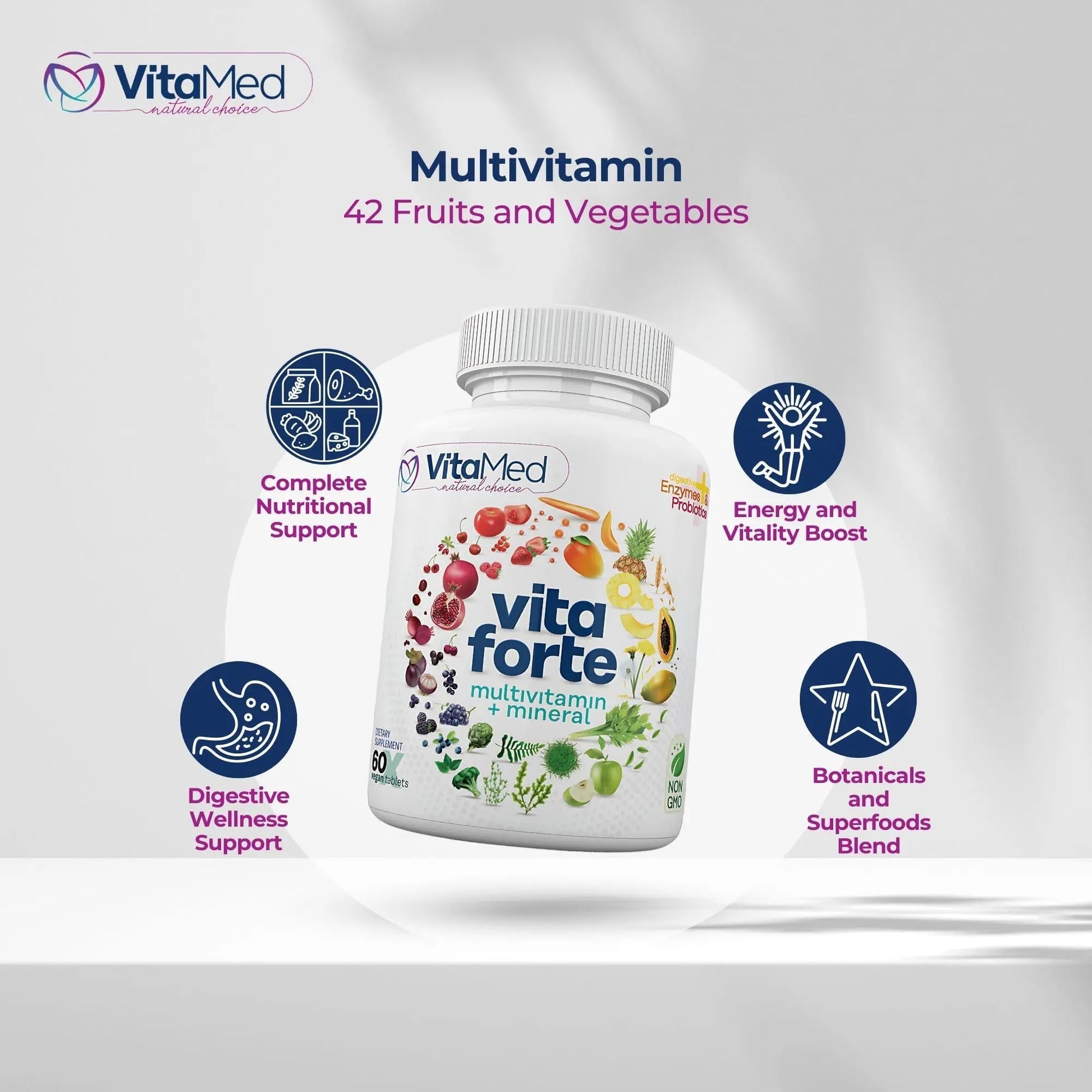 Vita Forte Vegan Multivitamin with Probiotics, Digestive Enzymes & 42 Fruits & Vegetables – Halal Certified VitaMedAu supplements