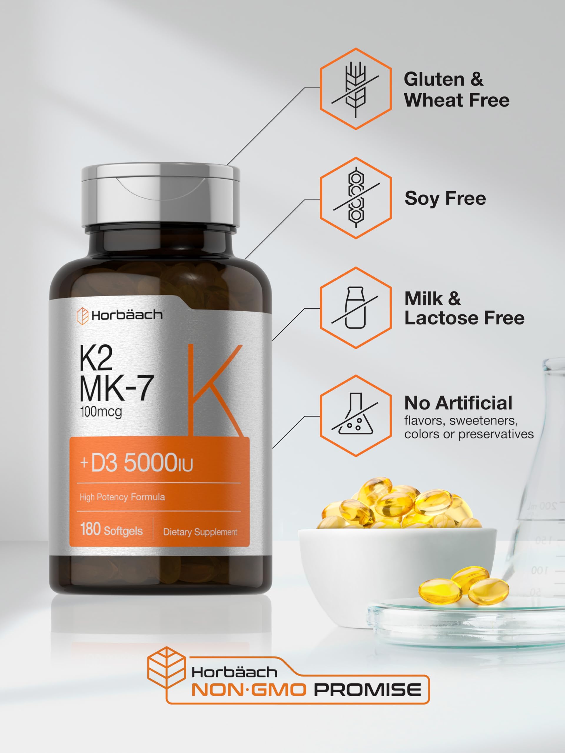 Horbäach Vitamin D3 K2 | 5000iu of Vitamin D & 100mcg MK-7 Complex | 180 Softgel Cap HorbäachUS supplements