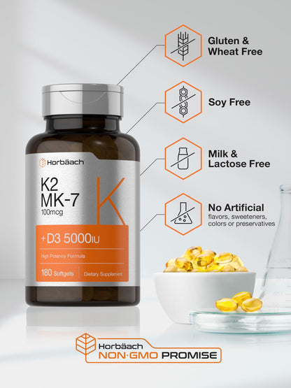 Horbäach Vitamin D3 K2 | 5000iu of Vitamin D & 100mcg MK-7 Complex | 180 Softgel Cap HorbäachUS supplements