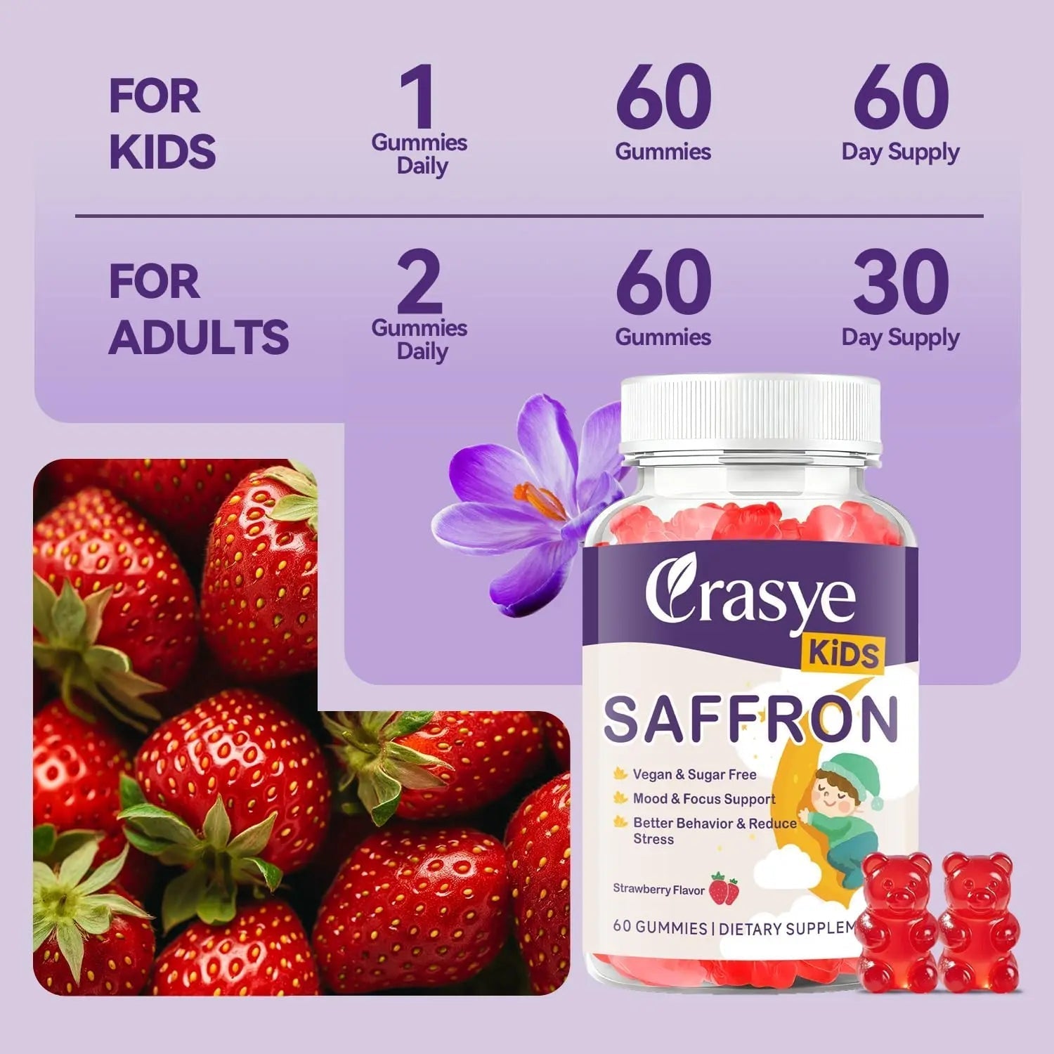 Crasye Saffron Gummies for Kids 100% Pure Organic Saffron Extract Sugar Free Saffron Supplements Gummy for Children Calm Mood & Focus - 60 Gummies CrasyeAu supplements