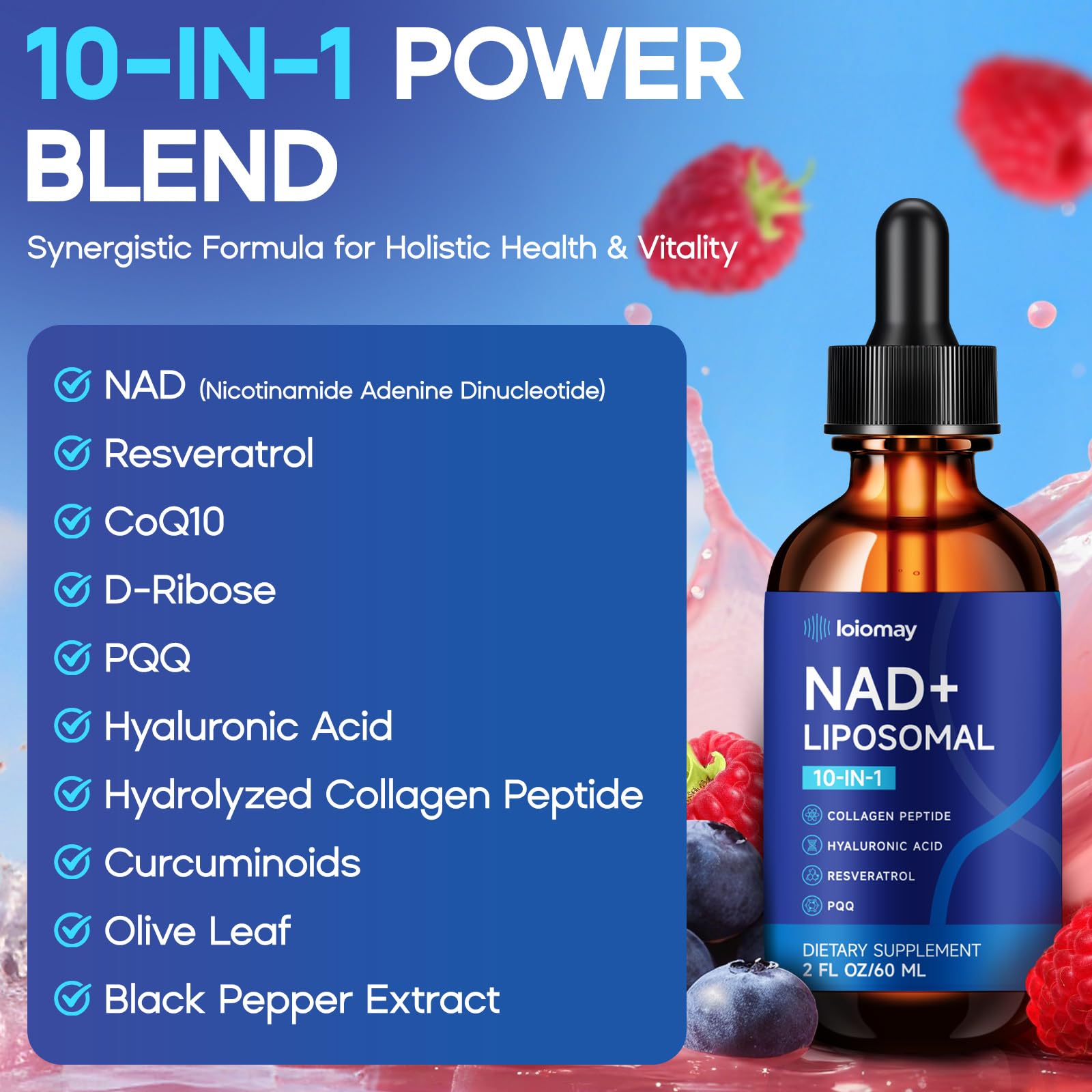 Liposomal NAD Liquid Supplement - 1500mg NAD+ Drops for Women & Men with Resveratrol & Nicotinamide Riboside, PQQ, Collagen & Turmeric for Anti-Aging & Longevity, Cellular Energy Health, 2 Fl Oz loiomayAu supplements