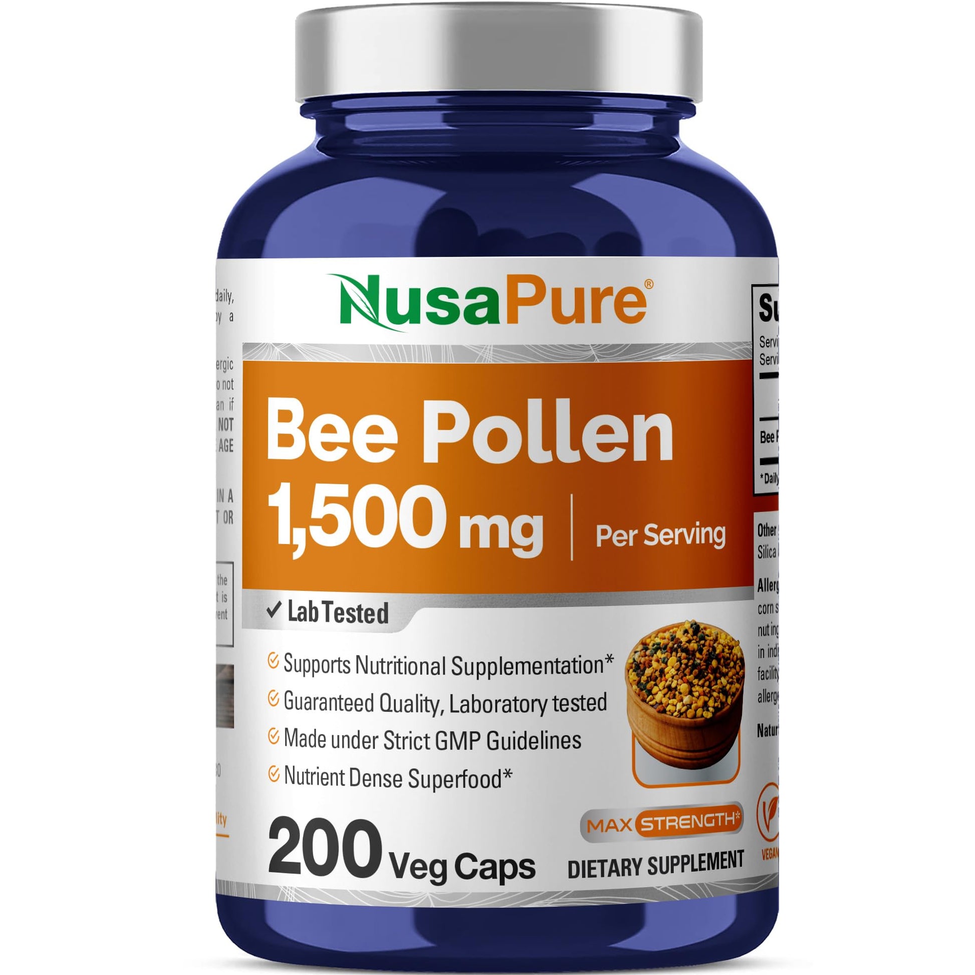 NusaPure Bee Pollen 1500mg 200 Veggie Caps (100% Vegetarian, Non-GMO, Vegan) Naturally Occurring Proteins, Aminoacids NusaPureAu supplements