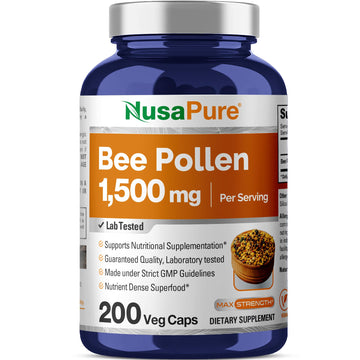 NusaPure Bee Pollen 1500mg 200 Veggie Caps (100% Vegetarian, Non-GMO, Vegan) Naturally Occurring Proteins, Aminoacids NusaPureAu supplements