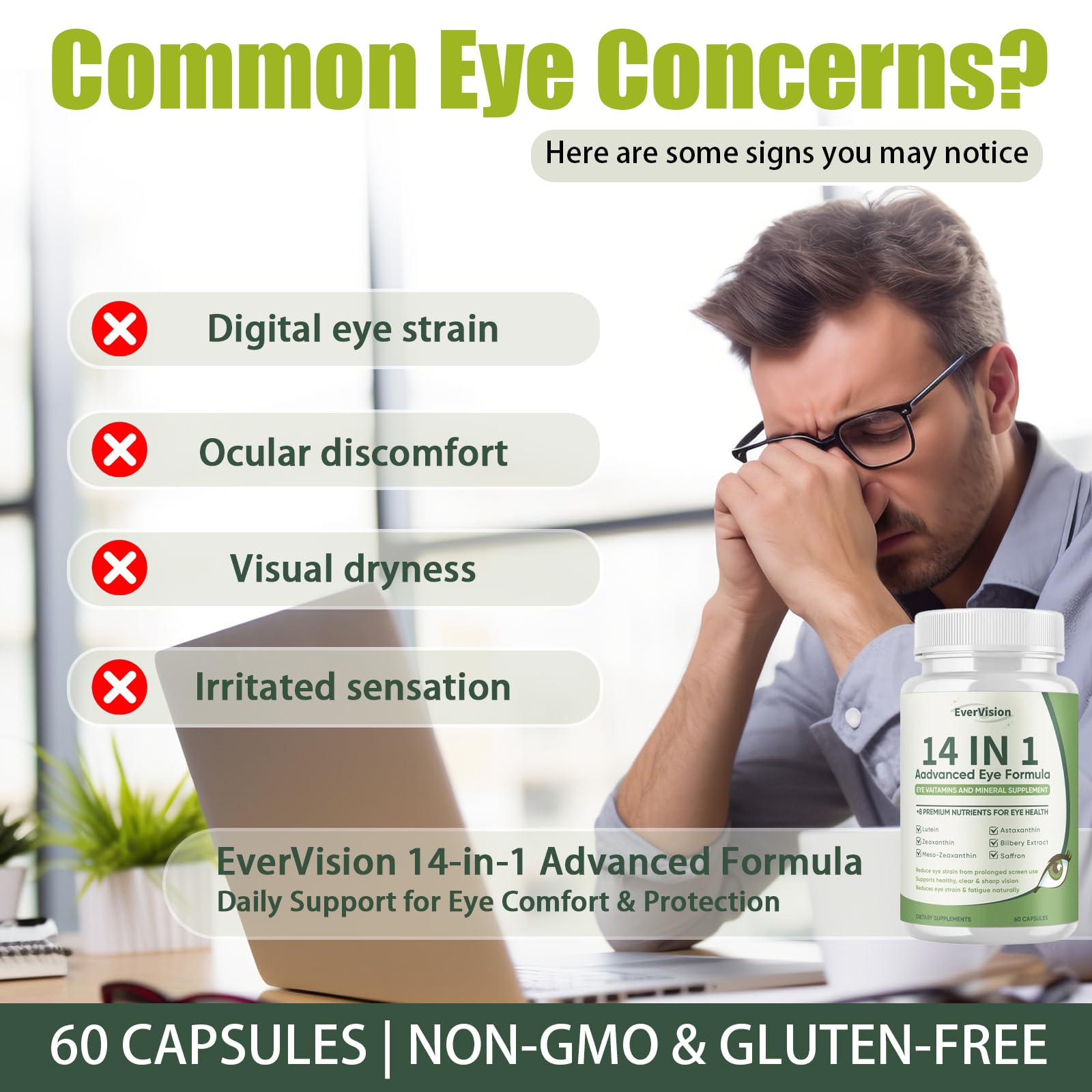 EVERVISION 14 in 1 Advanced Eye Formula, Eye Vitamin and Mineral Supplement with Zinc, Lutein, Zeaxanthin & Bilberry Extract, 60ct EVERVISIONAu supplements