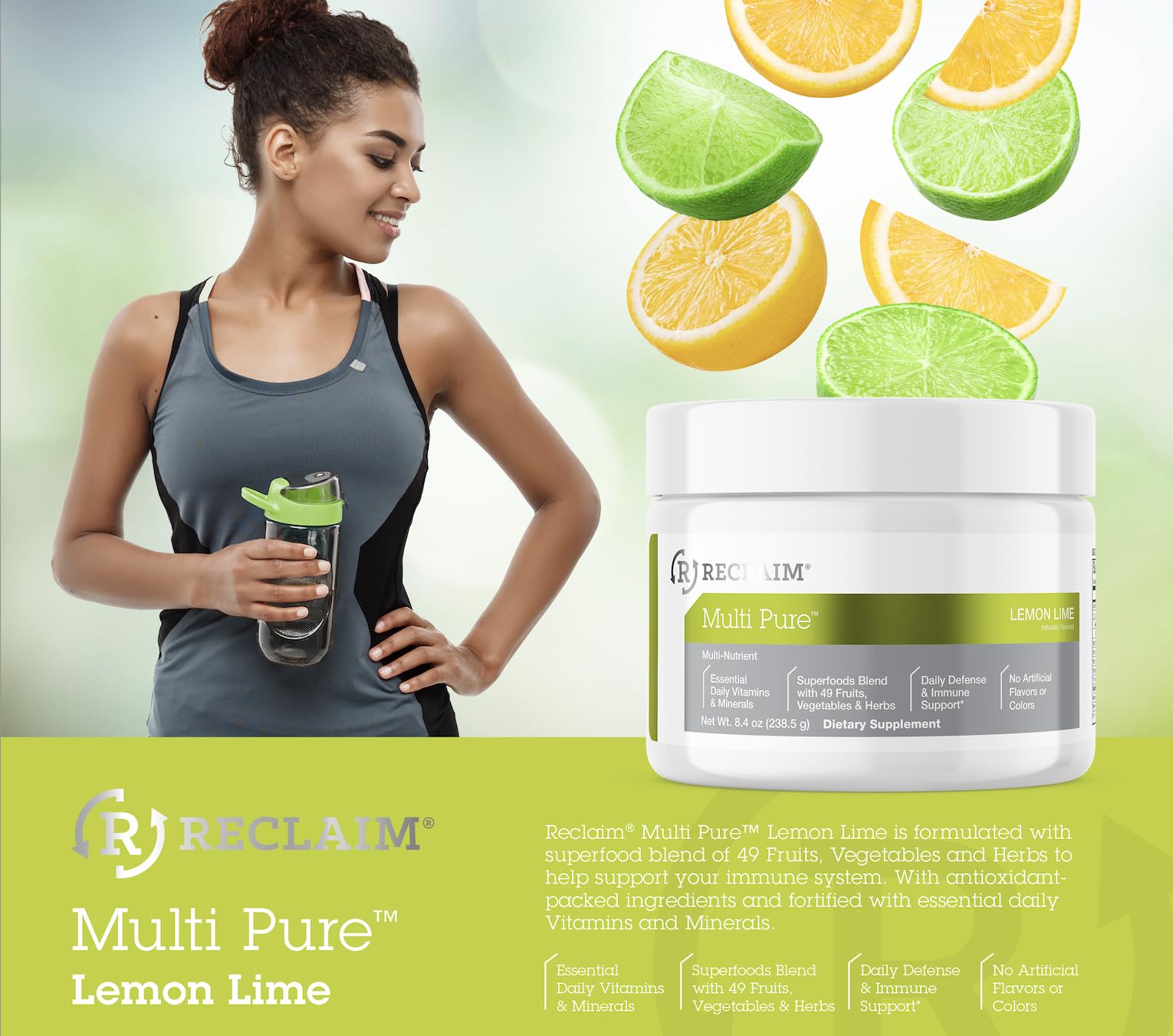 Reclaim Multi Pure Lemon Lime, Immune Support, Vitamin C, Vitamin B Complex, Probiotic, Superfood Powder, Calcium, Magnesium Oxide, (30 Servings) (Lemon Lime) Complete NutritionAu supplements
