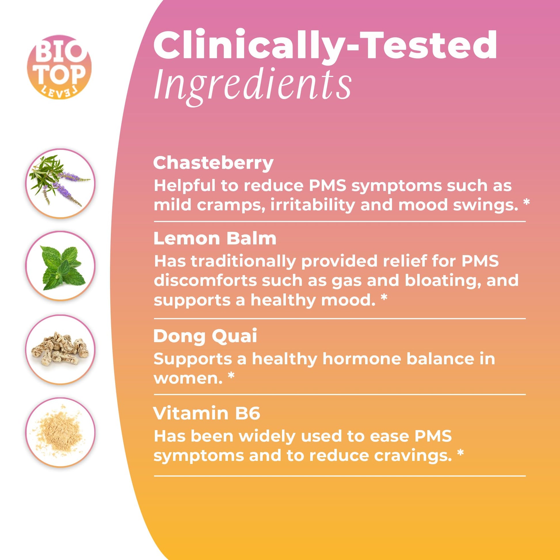 BIOTOPLEVEL PMS Support Supplement for Women & PMS Relief, Hormone Balance & Menstrual Period Relief for Cramps, Bloating & Mood Swings with Chasteberry, Vitamin B6, Lemon Balm, Dong Quai, 30 Count BIOTOPLEVELAu supplements