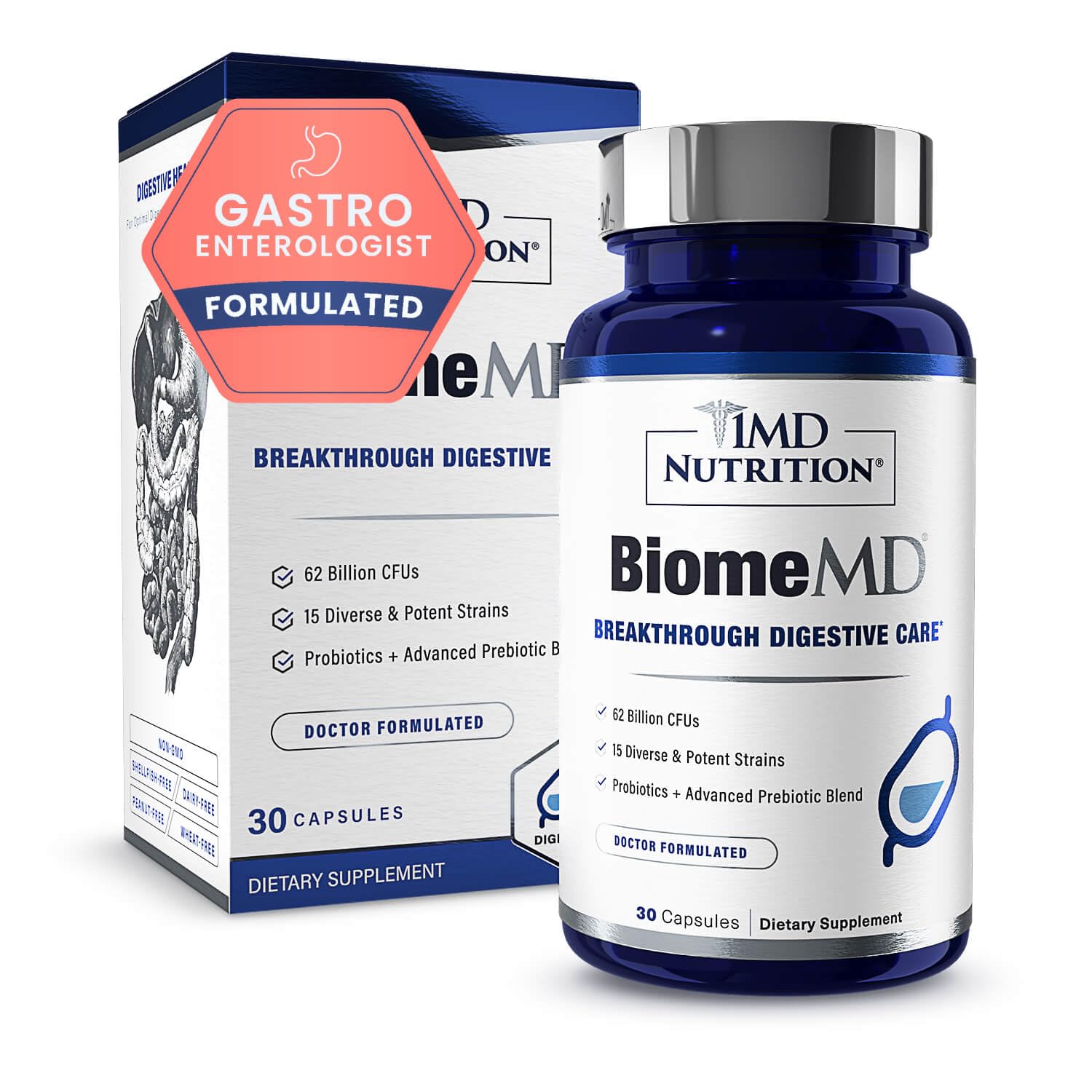 1MD Nutrition BiomeMD Probiotics | 62 Billion CFUs, 15 Comprehensive Strains - Pro & Prebiotics | Doctor-Formulated for Digestive Health & Immune Support | 30 Capsules 1MD NutritionAu supplements