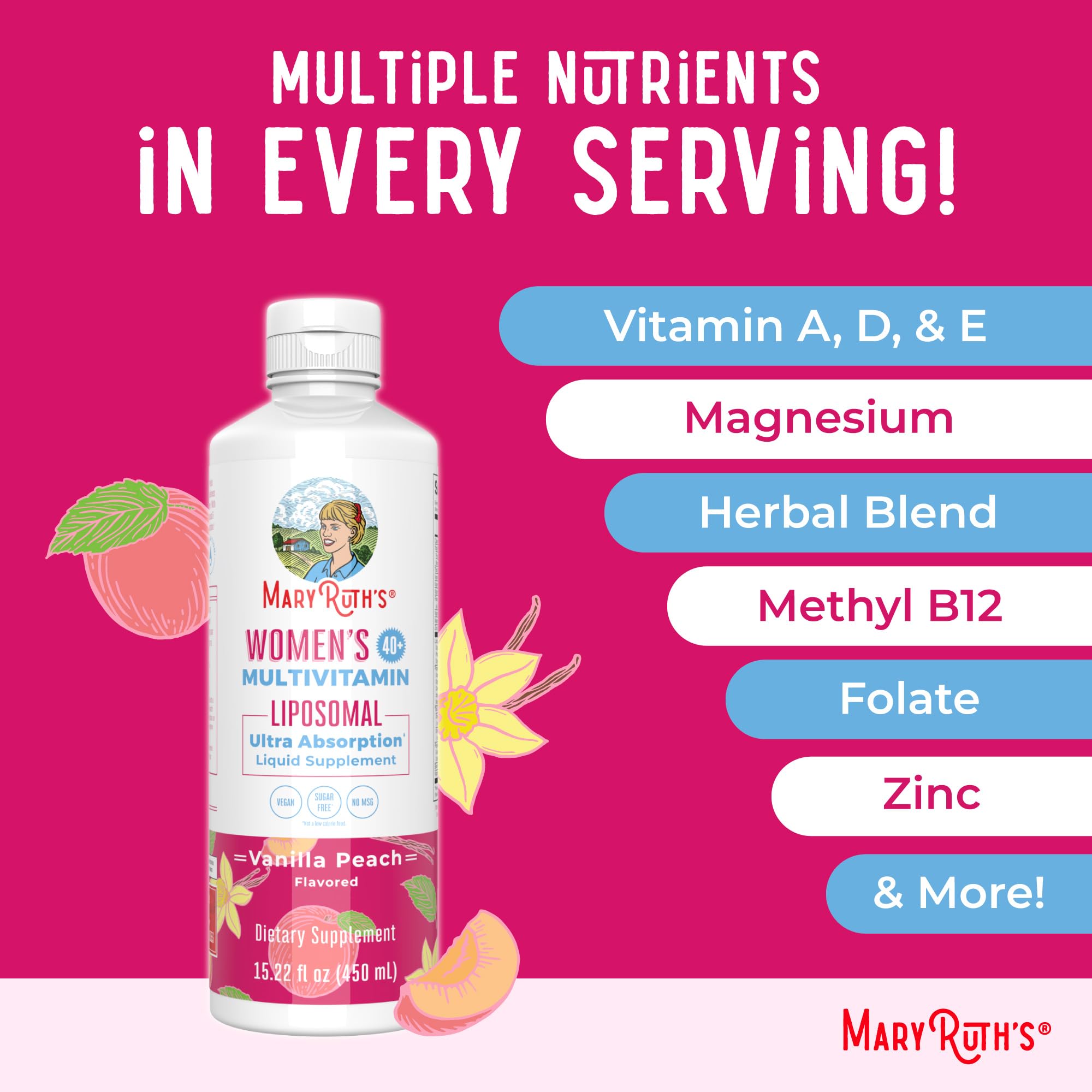 MaryRuth’s Multivitamin Liposomal for Women 40+ | Womens Multivitamin Liposomal | Immune Support Supplement | Menopause Supplement | Methylated Multivitamin | Vegan | Sugar Free | Non-GMO |15.22 Fl Oz MARYRUTH'SUS supplements