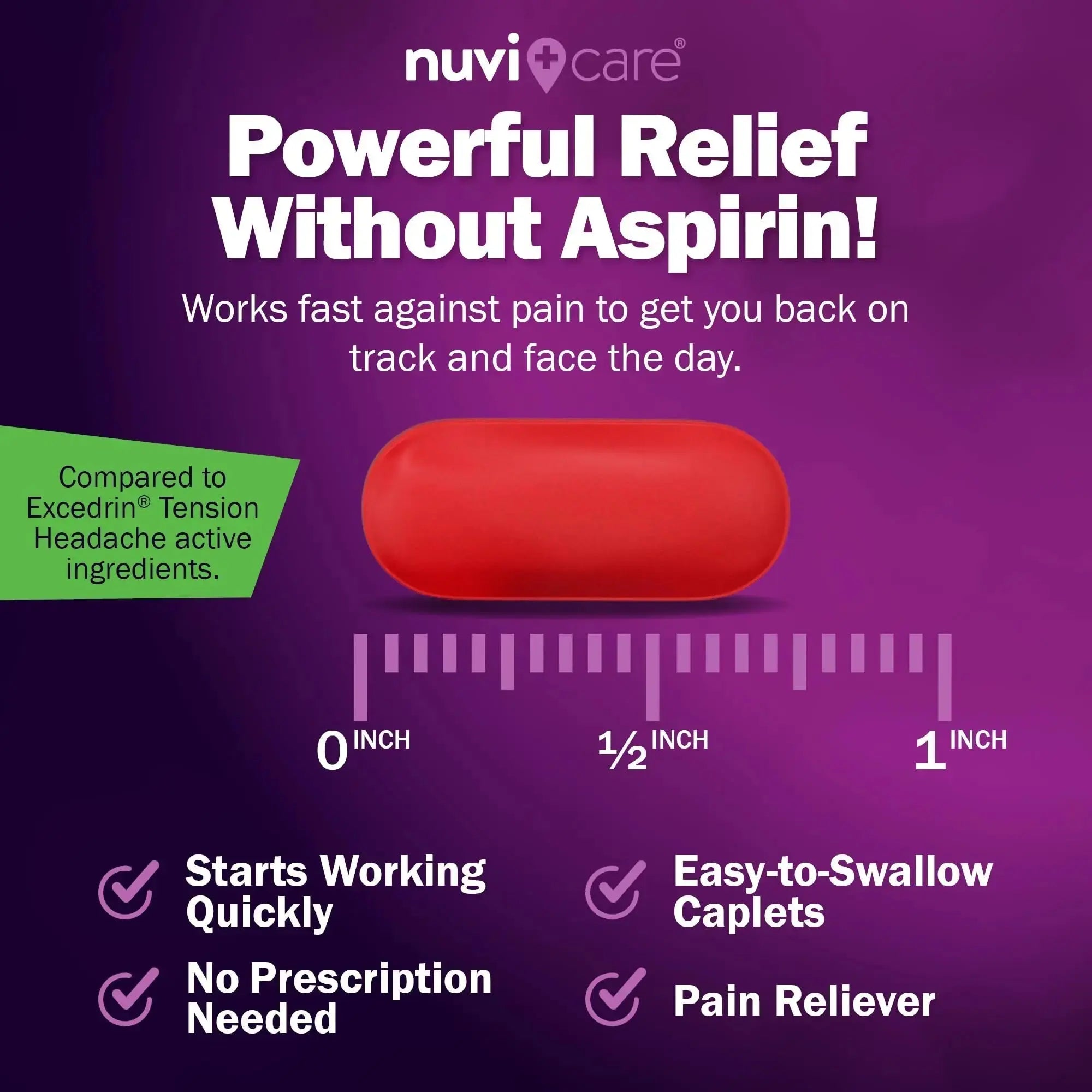 Nuvicare Tension Headache Relief Pills with 500mg Acetaminophen and 65mg Caffeine - Non Aspirin Pain Reliever Aid - Compare to Active Ingredient in Aspirin Free Excedrin Tension Headache (100 Caplets) NUVICAREAu supplements
