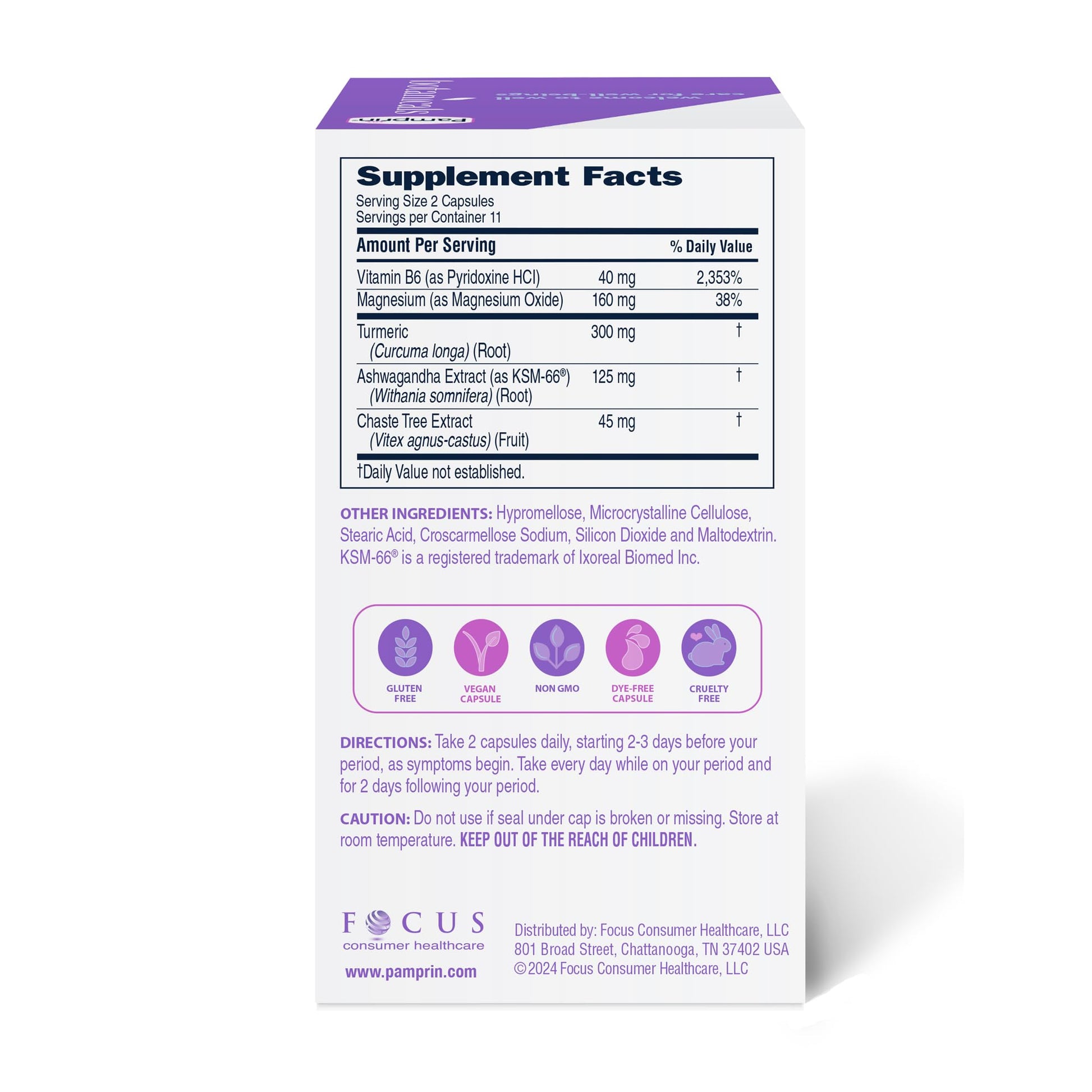 Pamprin Botanicals Supplement for PMS & Period Support, with Ashwagandha, Magnesium, Turmeric, Vitamin B6, Chasteberry, 22 Count PamprinAu supplements