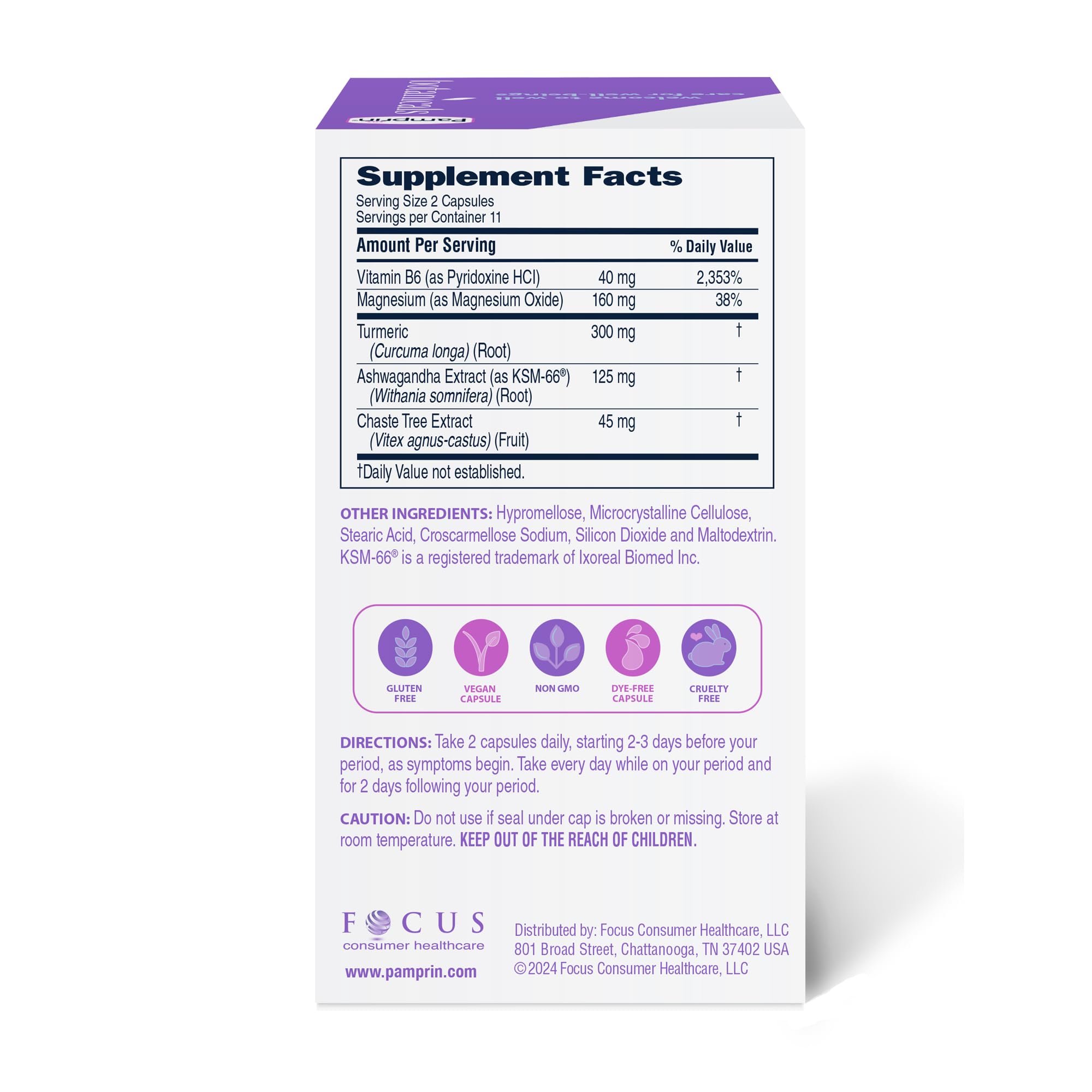 Pamprin Botanicals Supplement for PMS & Period Support, with Ashwagandha, Magnesium, Turmeric, Vitamin B6, Chasteberry, 22 Count PamprinAu supplements