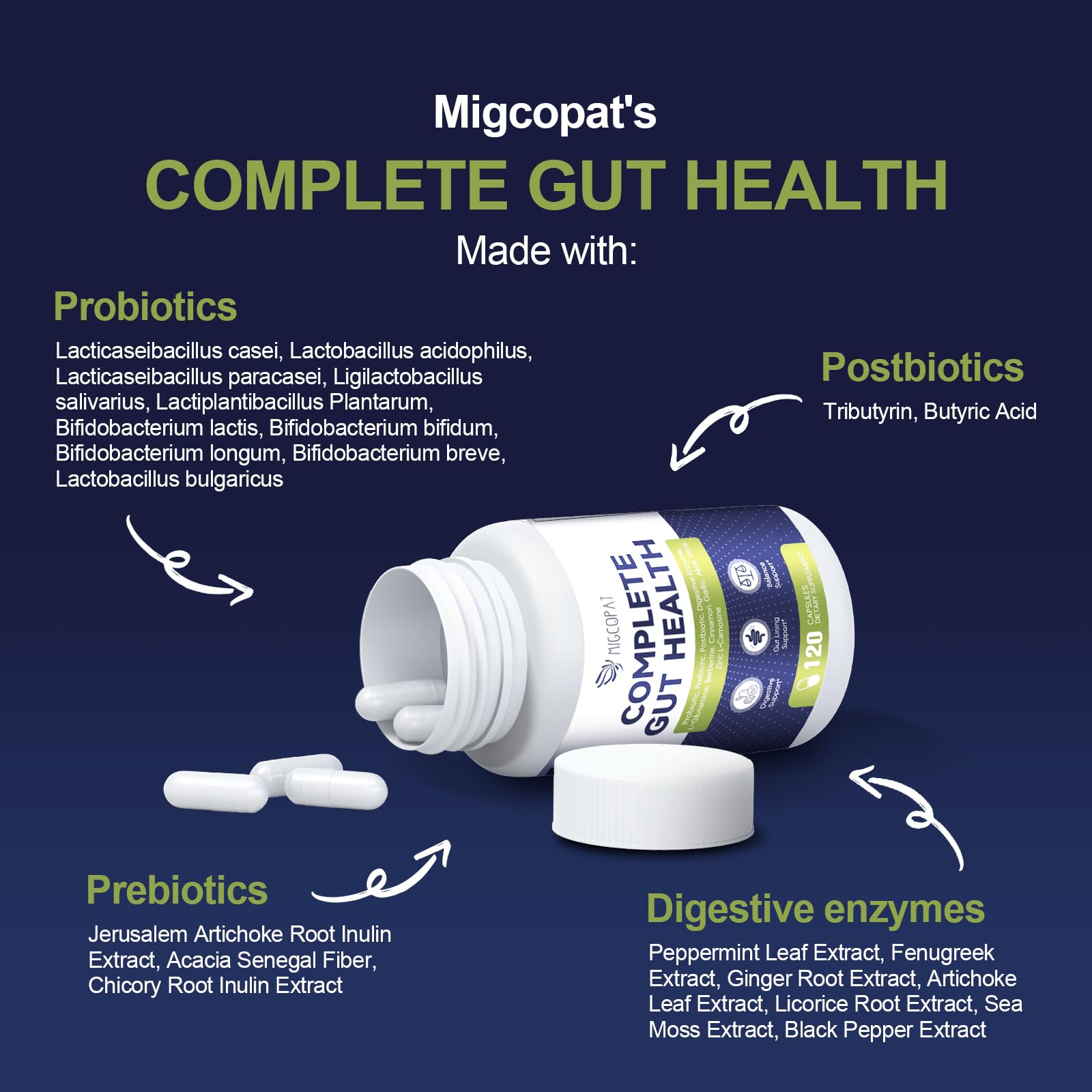 Migcopat Probiotic Prebiotic, Postbiotic & Digestive Enzymes for Digestive Health, 80 Billion CFU Probiotics Complete Gut Support with Berberine, Cinnamon, L-Glutamine