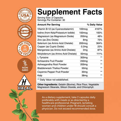 Herbal Thyroid Support Complex - Iodine Thyroid Supplement with L Tyrosine Bladderwrack Natures CraftUS supplements