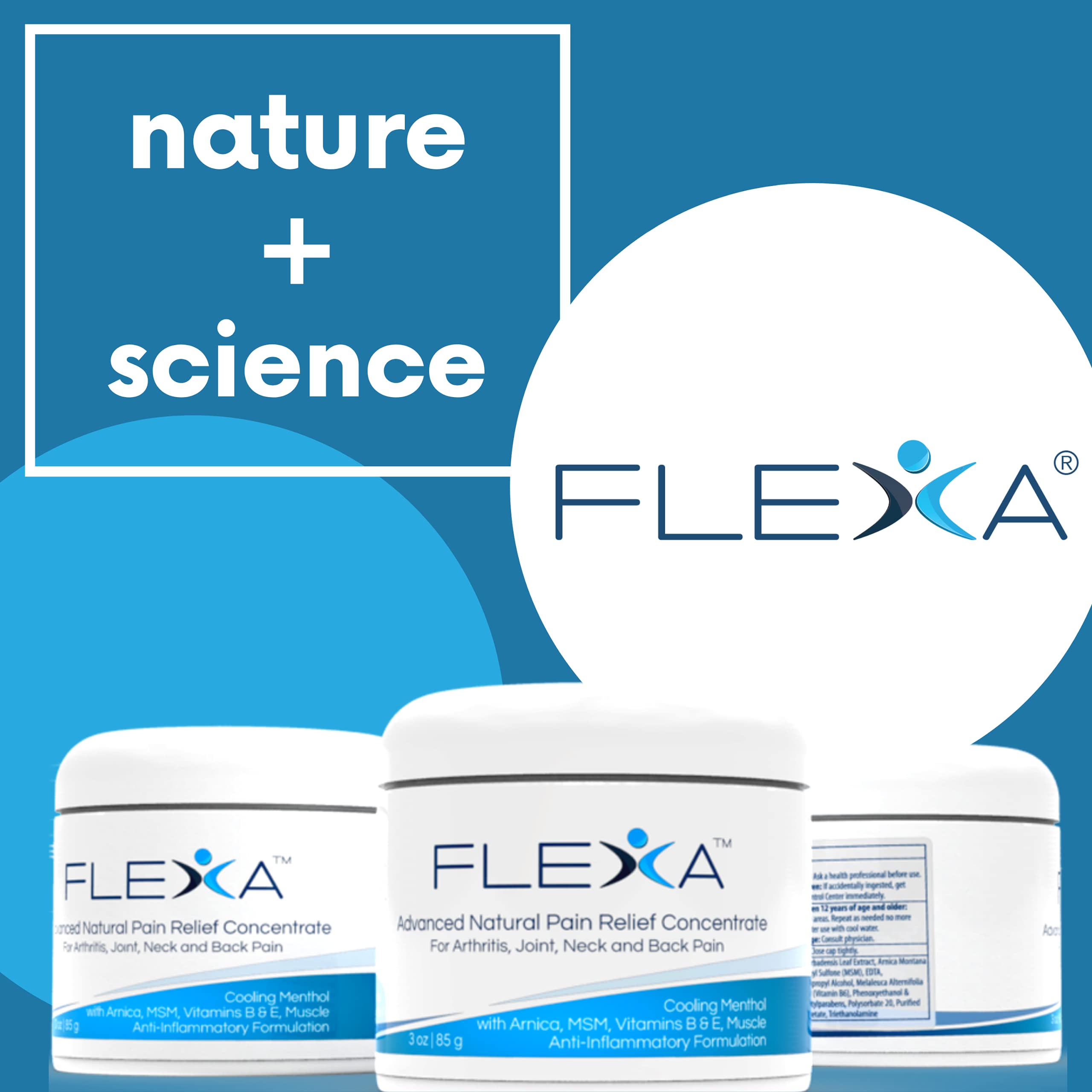 FLEXA Natural Relief Cream - Use on Muscles, Back, Neck, and Joints - with Arnica, Menthol, MSM, Ilex Leaf, and Tea Tree Oil - 3 Oz Jar FLEXAAu supplements