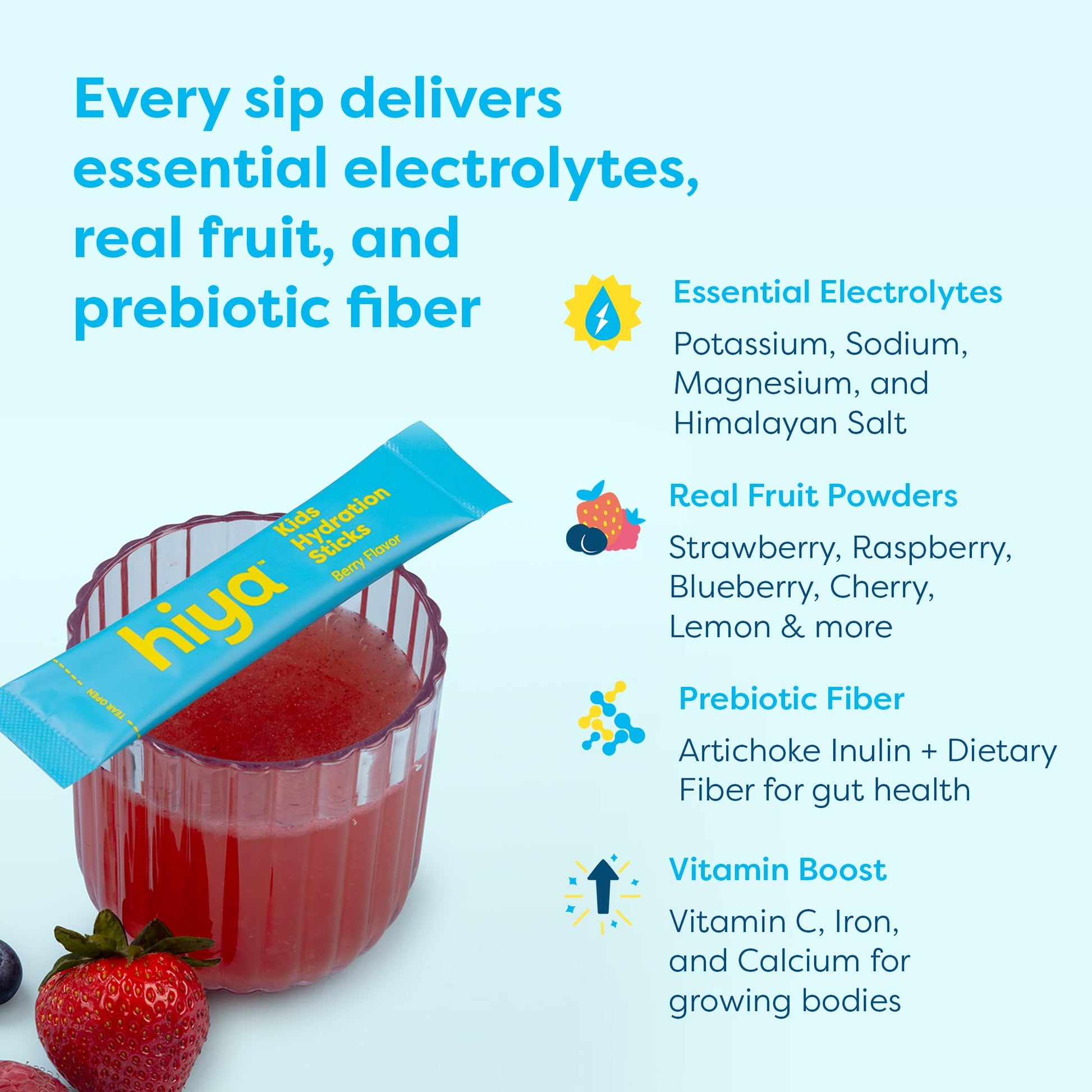 Hiya Kids Hydration with Electrolytes - Zero Added Sugar Berry Flavored Kids Hydration Packets - 15 Sticks - Travel-Friendly Drink Mix for Children Ages 2+ HIYAAu supplements