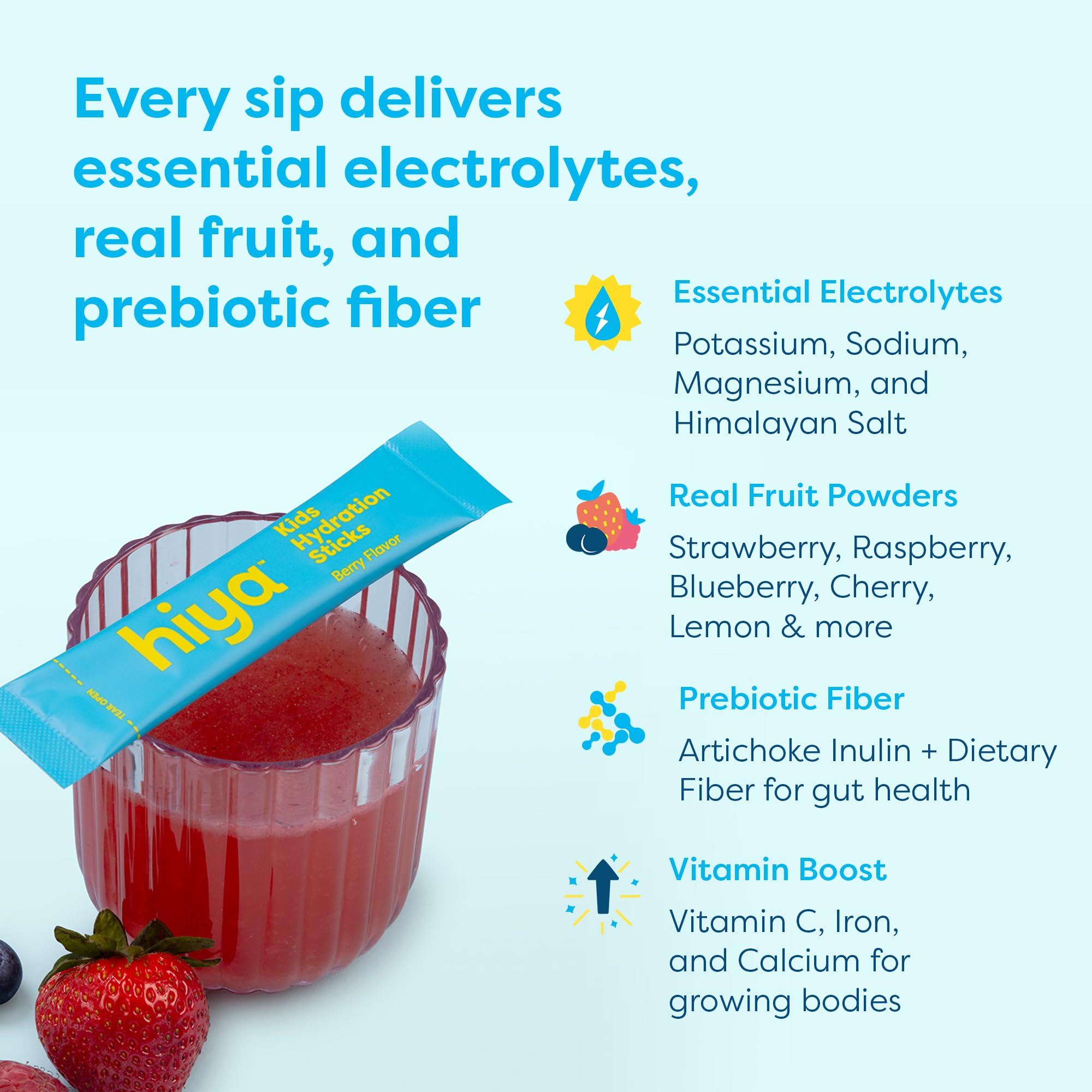 Hiya Kids Hydration with Electrolytes - Zero Added Sugar Berry Flavored Kids Hydration Packets - 15 Sticks - Travel-Friendly Drink Mix for Children Ages 2+ HIYAAu supplements