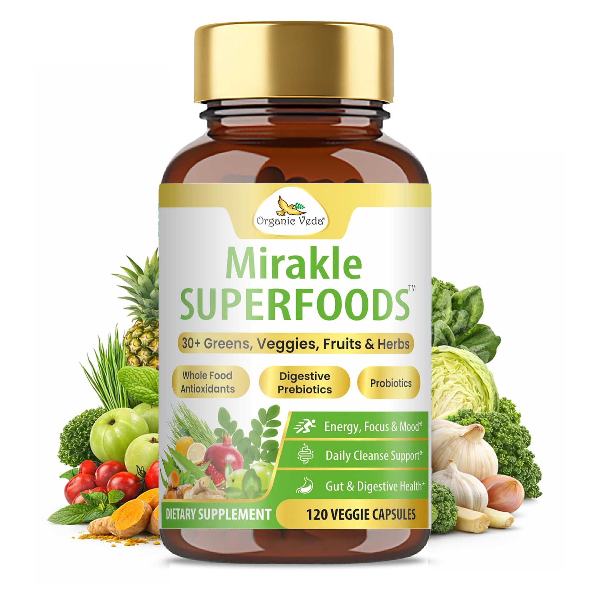 Organic Veda Mirakle Superfoods Greens Capsules - 30+ Daily Greens and Veggies Supplement with Moringa, Spirulina, Chlorella, Turmeric & Herbs, Antioxidants, Resveratrol, Probiotics - 120 Capsule Organic VedaAu supplements