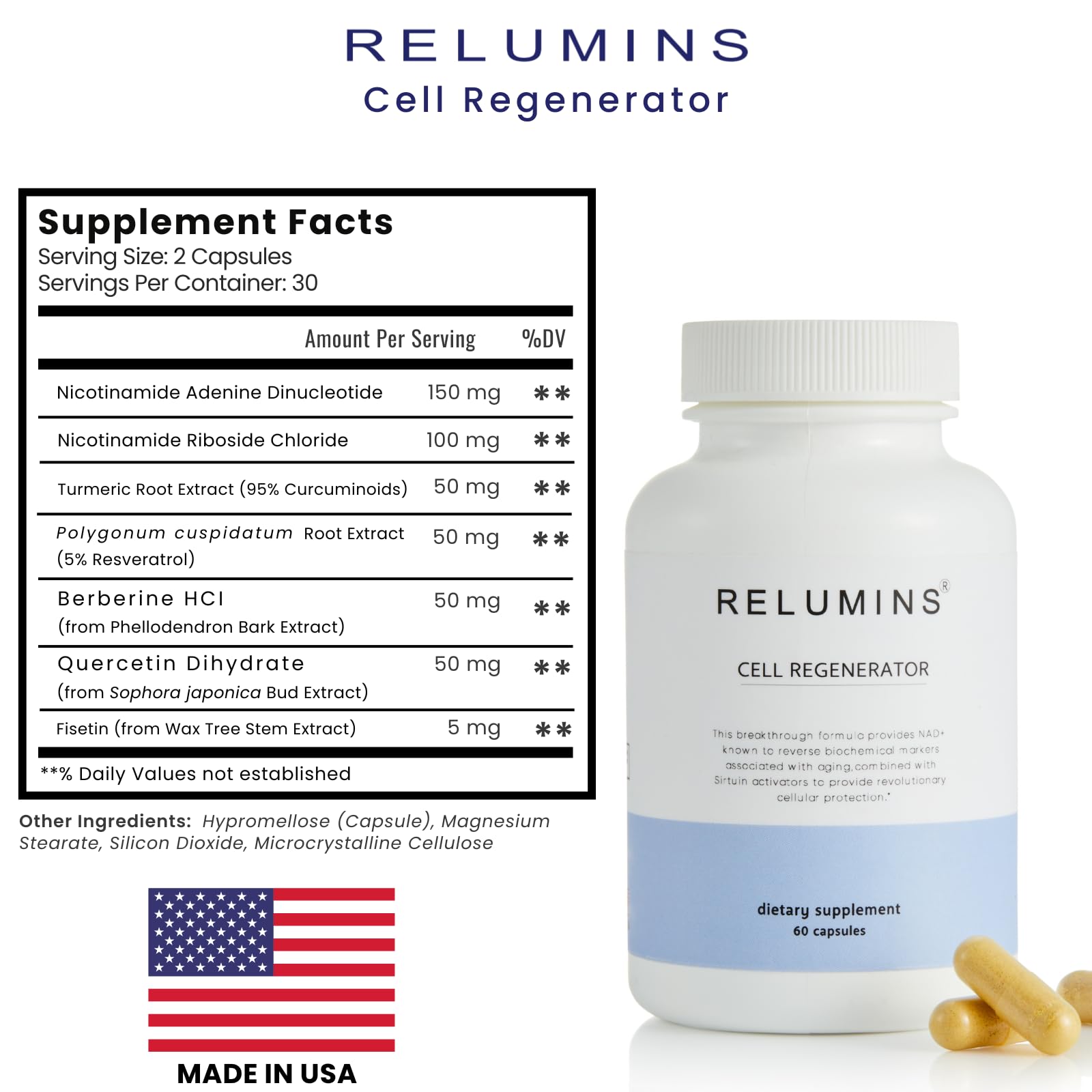 Relumins NAD+ Supplement with Nicotinamide Riboside, Resveratrol, Quercetin, Fisetin & Curcumin – Focus, Vitality, Energy, Balance & Daily Wellness Support – 60 Vegan Capsules ReluminsAu supplements