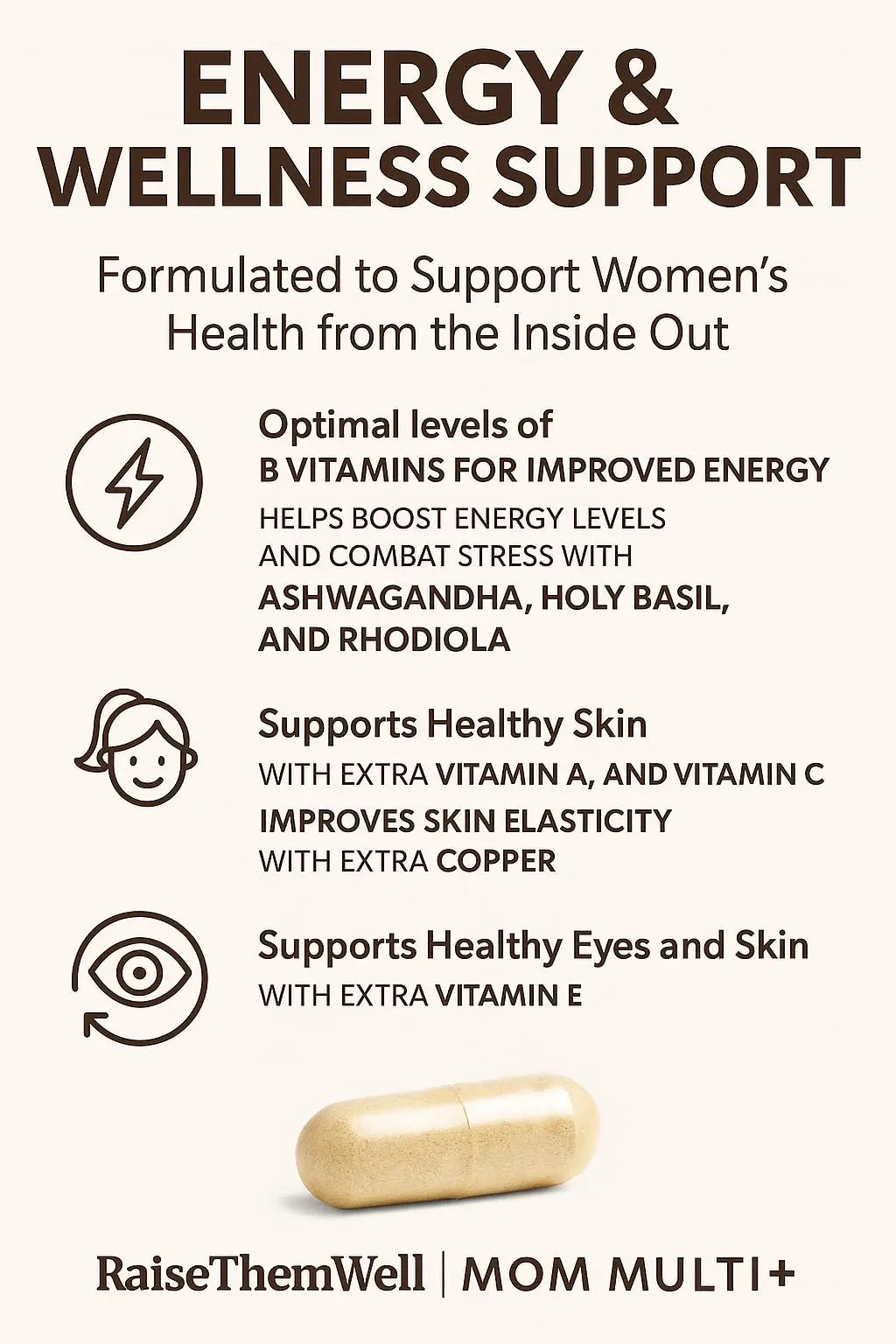 Raise Them Well Mom Multi+ Daily Multivitamin for Women with Active Folate, Adaptogens & Bacopa, Energy, Stress & Cognitive Support, 120 Veggie Capsules Raise Them WellAu supplements
