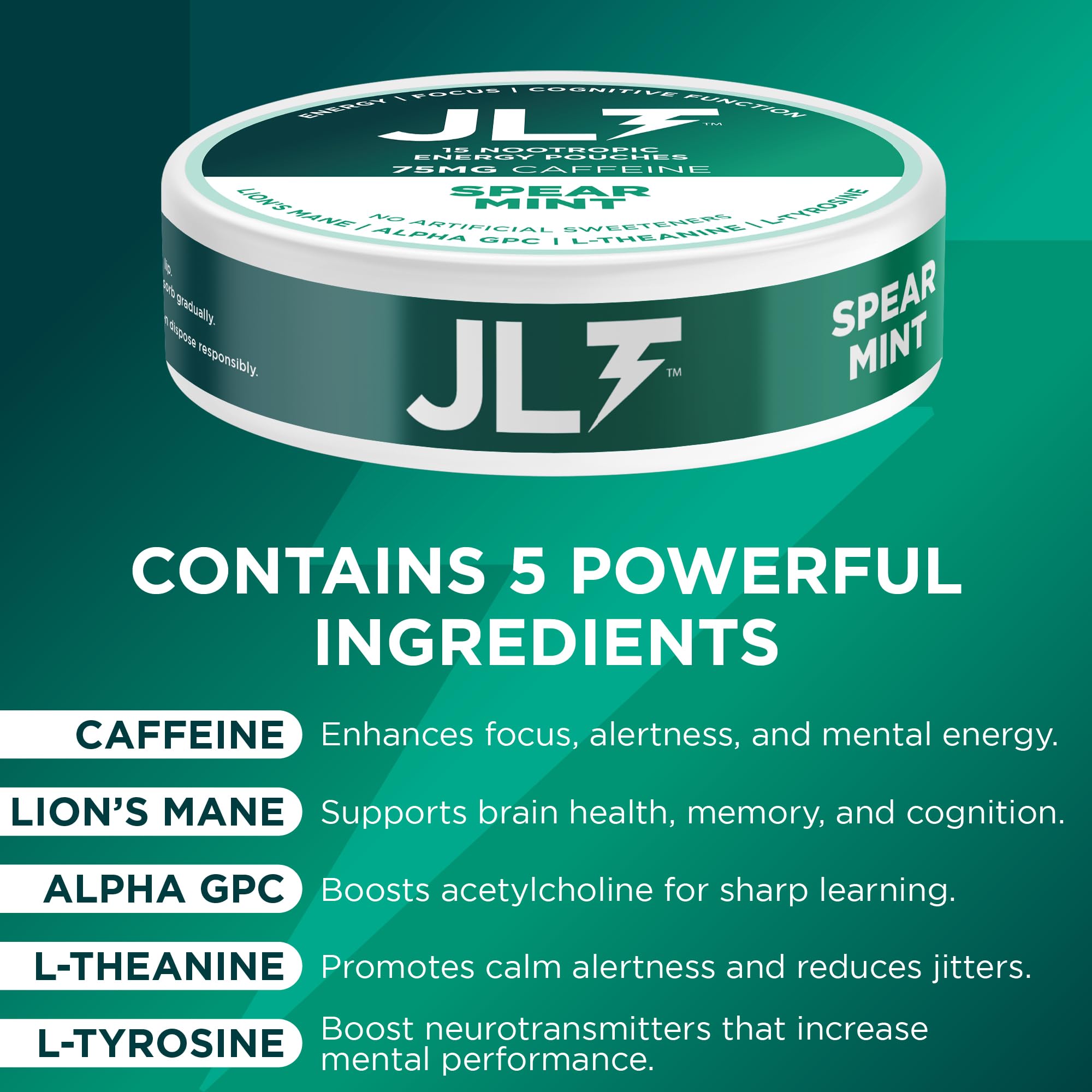 JLT 75 mg Caffeine Nootropic Pouches | Nootropic Energy Pouches with 75mg Caffeine, Lion's Mane, Alpha GPC, L-Tyrosine & L-Theanine with no Artificial Sweeteners | 15 Pouches Per Can JLT EnergyAu supplements