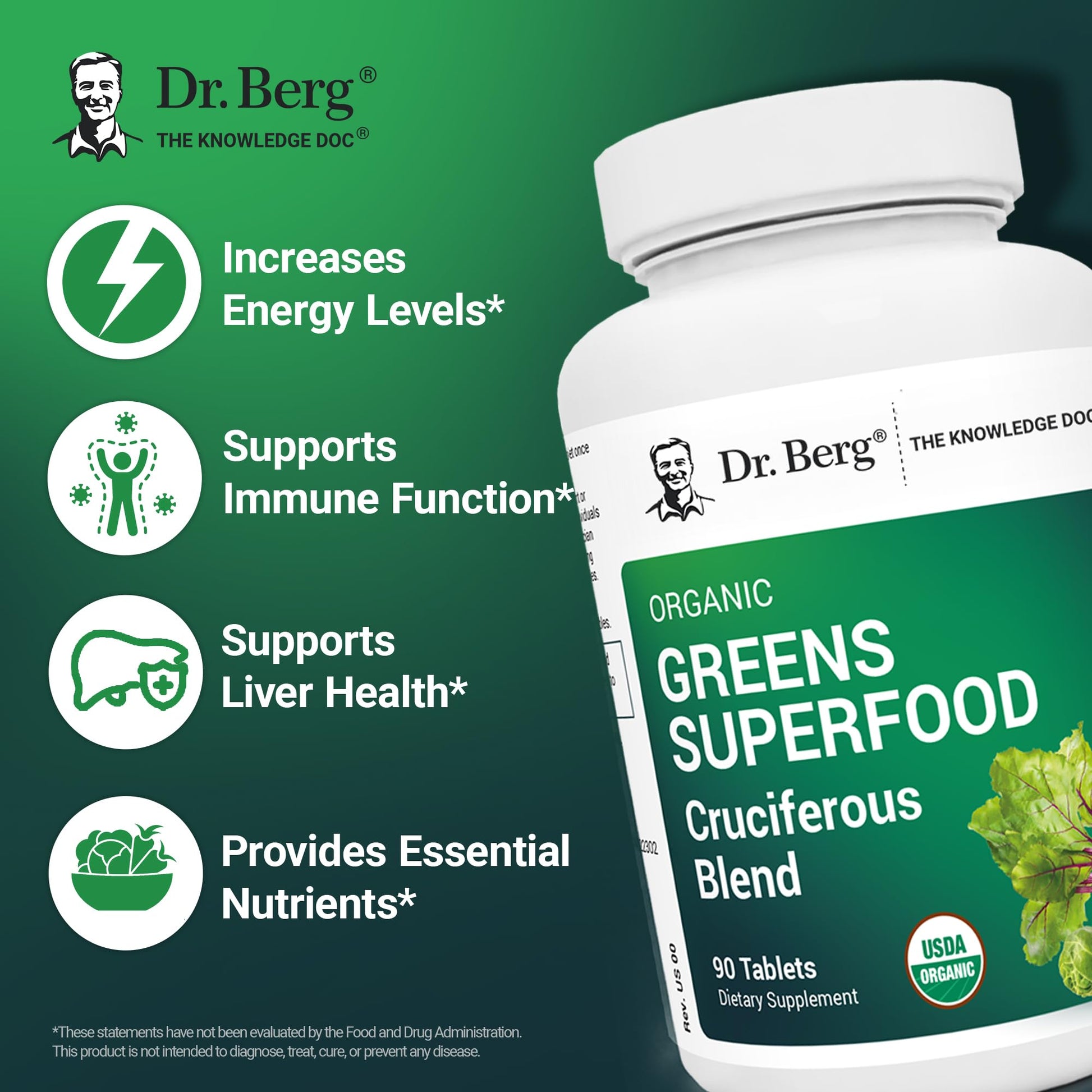 Dr. Berg's Greens Superfood Cruciferous Vegetable Tablets - Vegetable Supplements for Adults w/ 11 Phytonutrient Super Greens - Energy, Immune System & Liver Veggie Tablets - 90 Tablet Dr. Berg NutritionalsAu supplements
