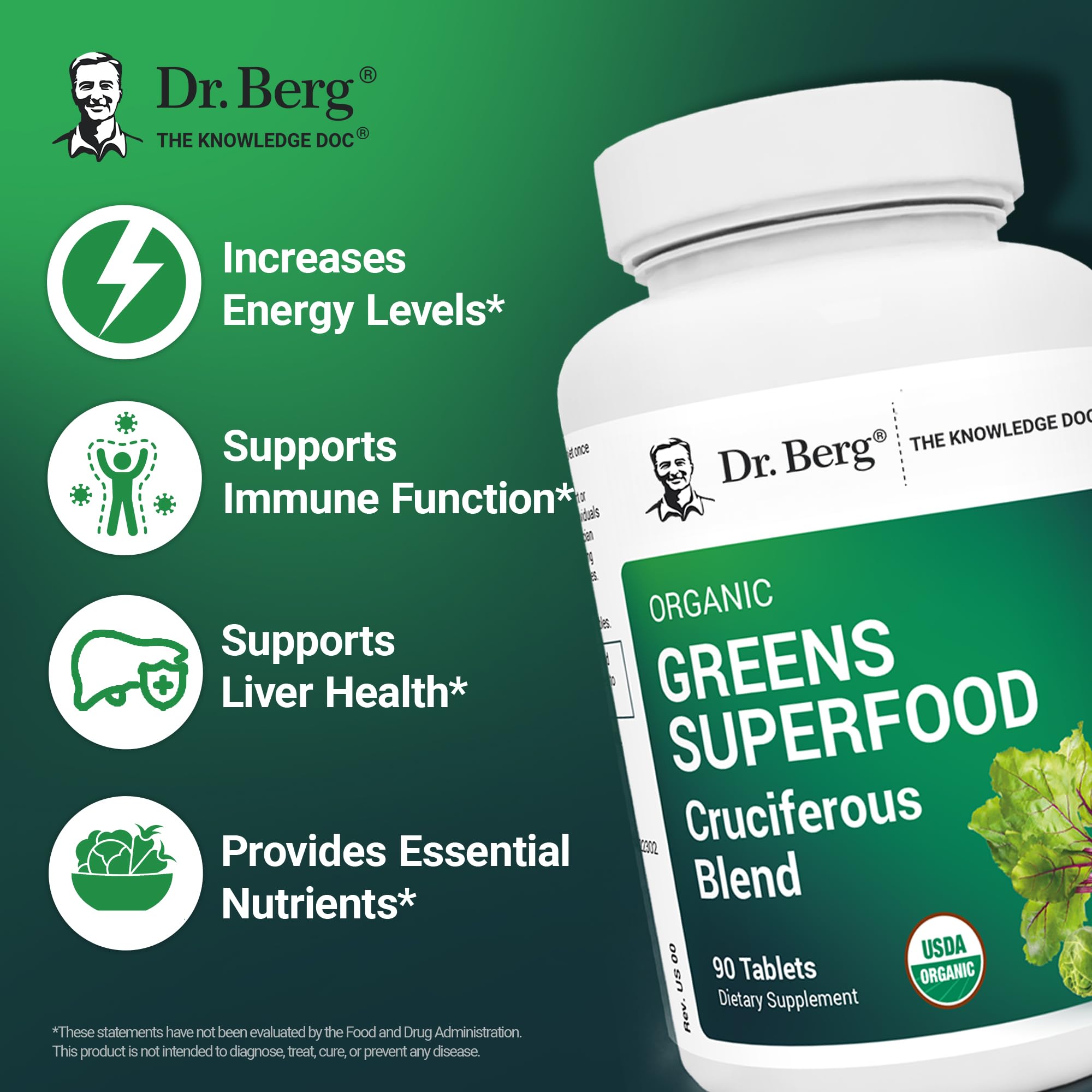 Dr. Berg's Greens Superfood Cruciferous Vegetable Tablets - Vegetable Supplements for Adults w/ 11 Phytonutrient Super Greens - Energy, Immune System & Liver Veggie Tablets - 90 Tablet Dr. Berg NutritionalsAu supplements