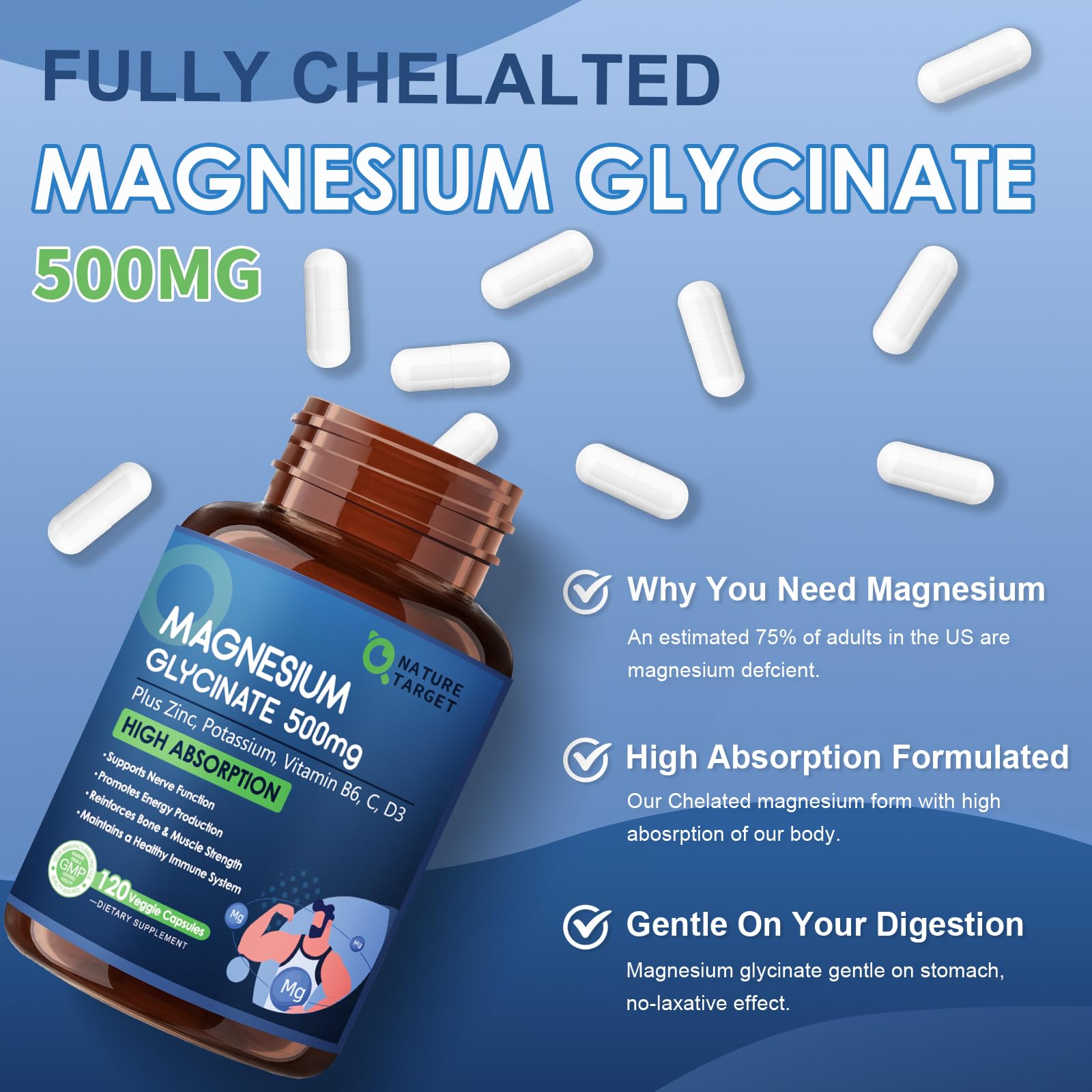 NATURE TARGET Magnesium Glycinate 500mg, Chelated Magnesium with Zinc & Vitamin D3 for Muscle, Nerve & Bone, Support Heart Health & Leg Cramp, Strength Immune System - 120 Capsules NATURE TARGETAu supplements