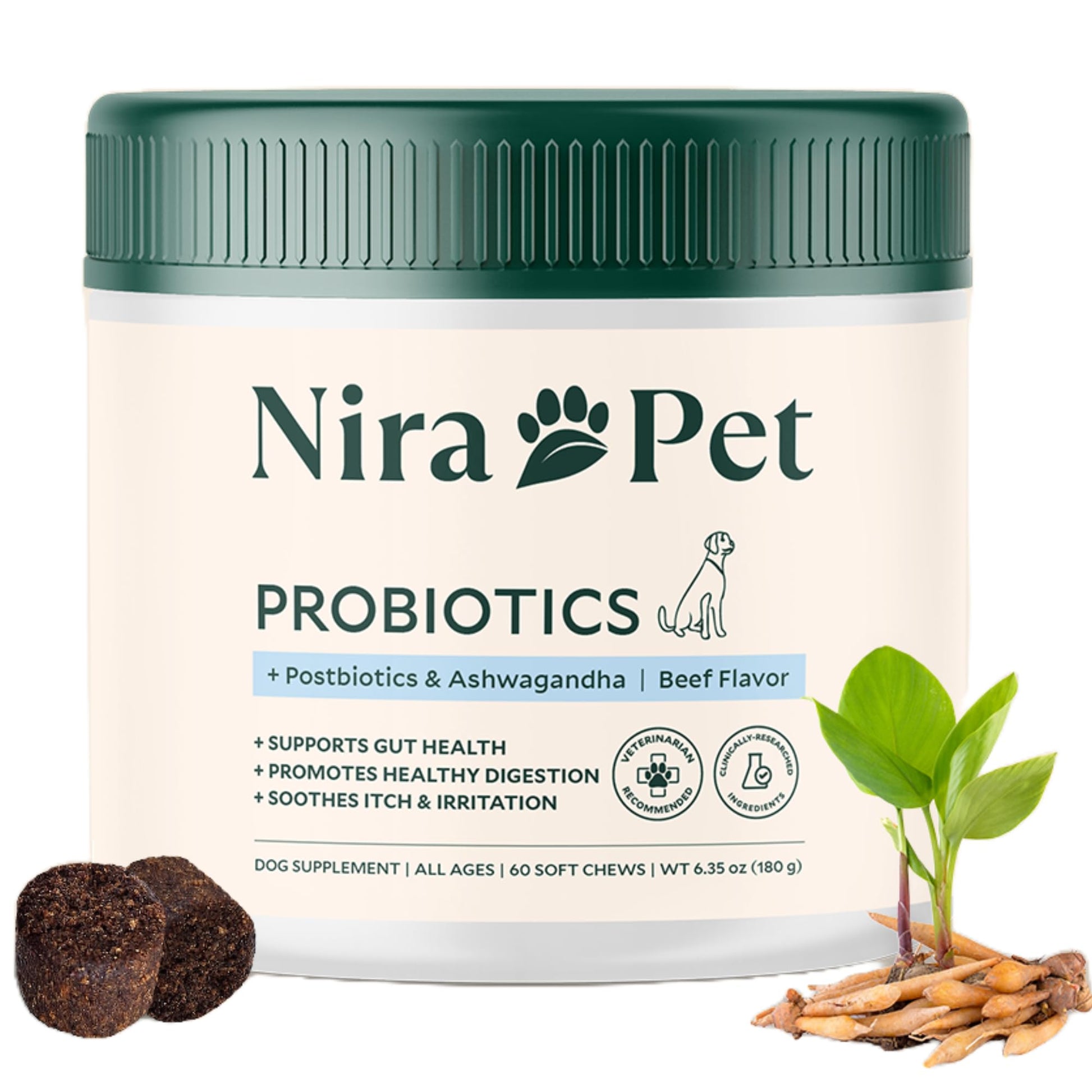 Nira Pet Probiotics for Dogs – 60 Beef-Flavored Chews with Postbiotics, Colostrum, Ashwagandha & Lactobacillus – Supports Gut Health, Immunity, Diarrhea, Gas & Stress Nira PetAu supplements