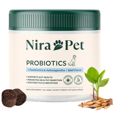 Nira Pet Probiotics for Dogs – 60 Beef-Flavored Chews with Postbiotics, Colostrum, Ashwagandha & Lactobacillus – Supports Gut Health, Immunity, Diarrhea, Gas & Stress Nira PetAu supplements