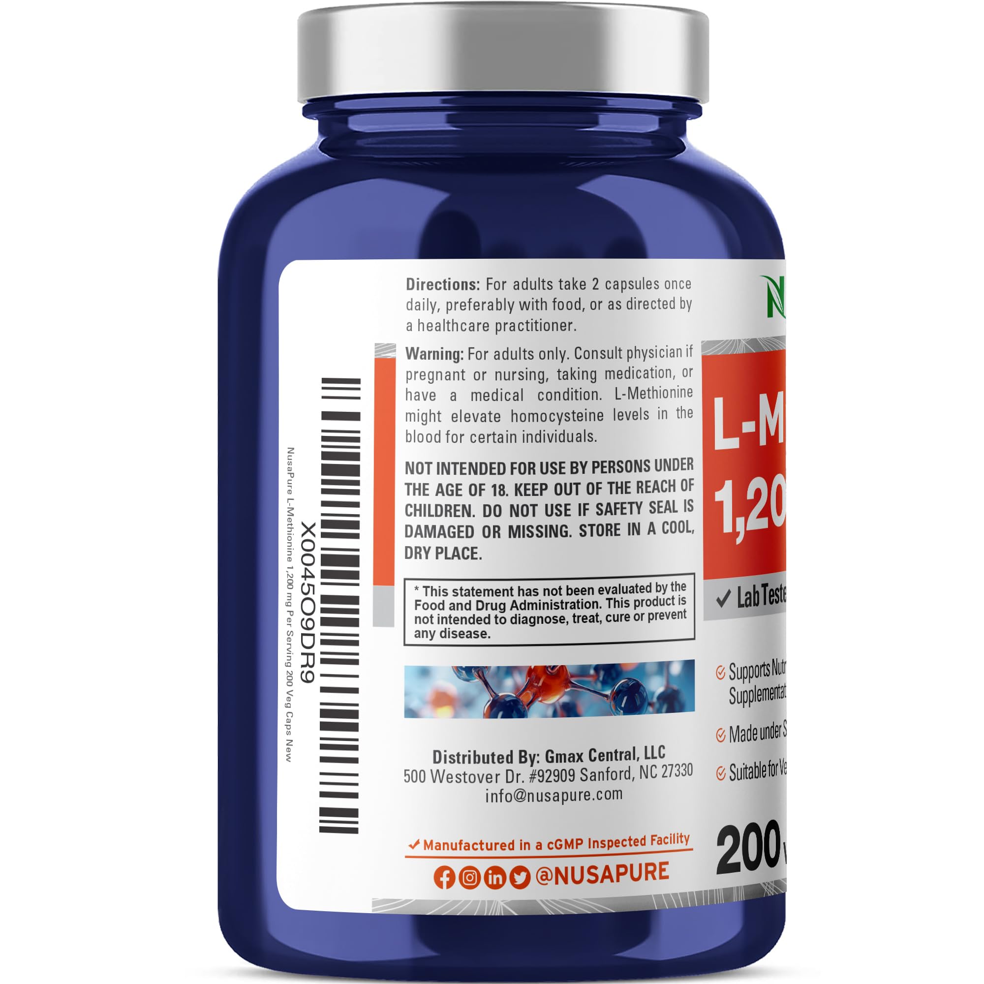 NusaPure L Methionine 1200mg | 200 Capsules | Non-GMO | Vegan Supplement NusaPureAu supplements