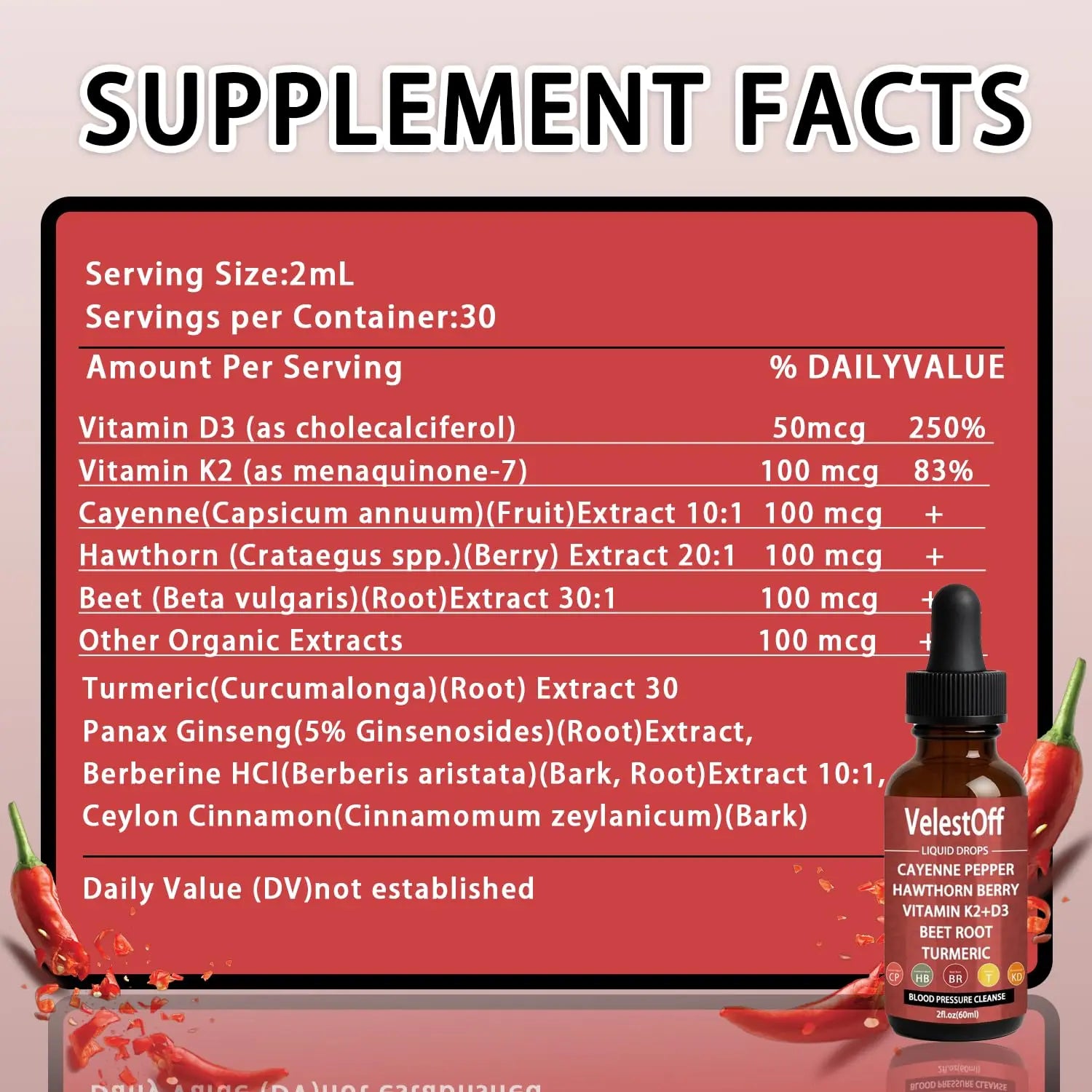 Velestoff Cayenne Pepper & Cayenne Pepper Drops Liquid Supplement with Hawthorn, Beet Root, Turmeric, Vitamin K2 D3 Nutralisnz supplements