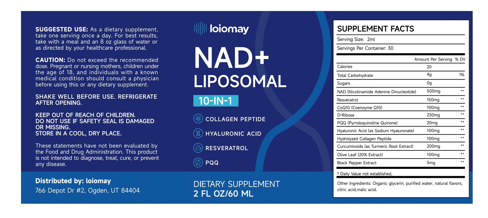 Liposomal NAD Liquid Supplement - 1500mg NAD+ Drops for Women & Men with Resveratrol & Nicotinamide Riboside, PQQ, Collagen & Turmeric for Anti-Aging & Longevity, Cellular Energy Health, 2 Fl Oz loiomayAu supplements