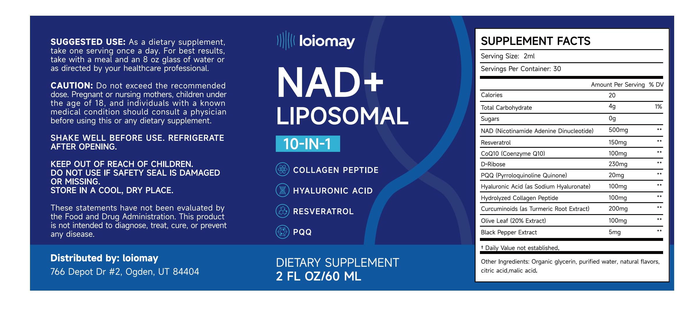 Liposomal NAD Liquid Supplement - 1500mg NAD+ Drops for Women & Men with Resveratrol & Nicotinamide Riboside, PQQ, Collagen & Turmeric for Anti-Aging & Longevity, Cellular Energy Health, 2 Fl Oz loiomayAu supplements
